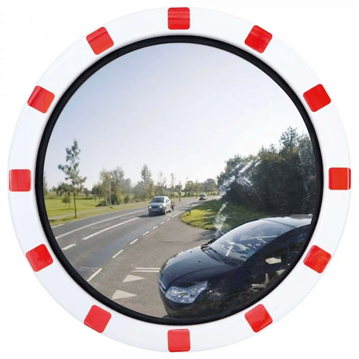 Vereisungsfreier Edelstahlspiegel mit rot-weißem Reflexrahmen – ideal für wechselhaftes Wetter.