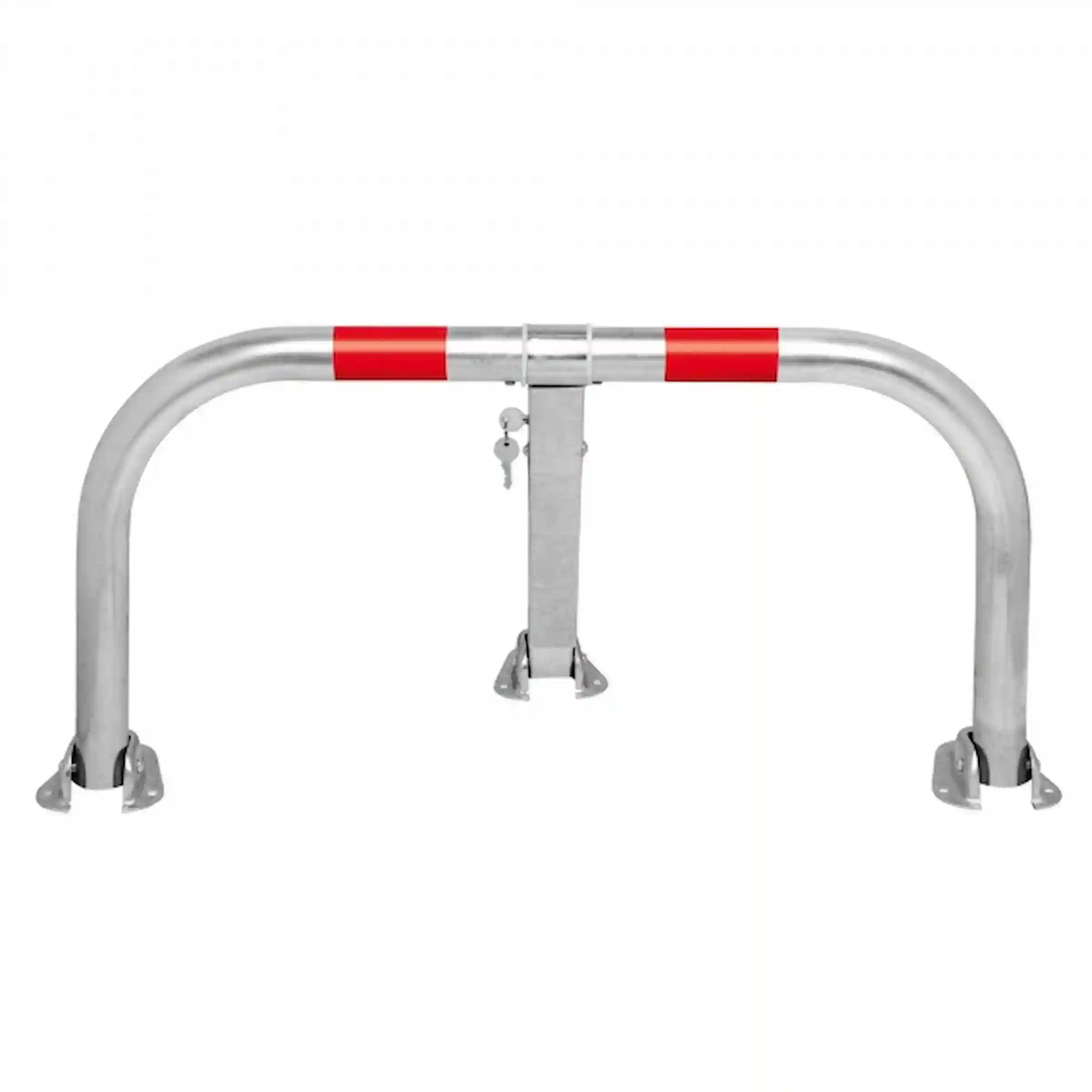 Robuster Parkplatzsperrbügel mit reflektierenden Ringen.