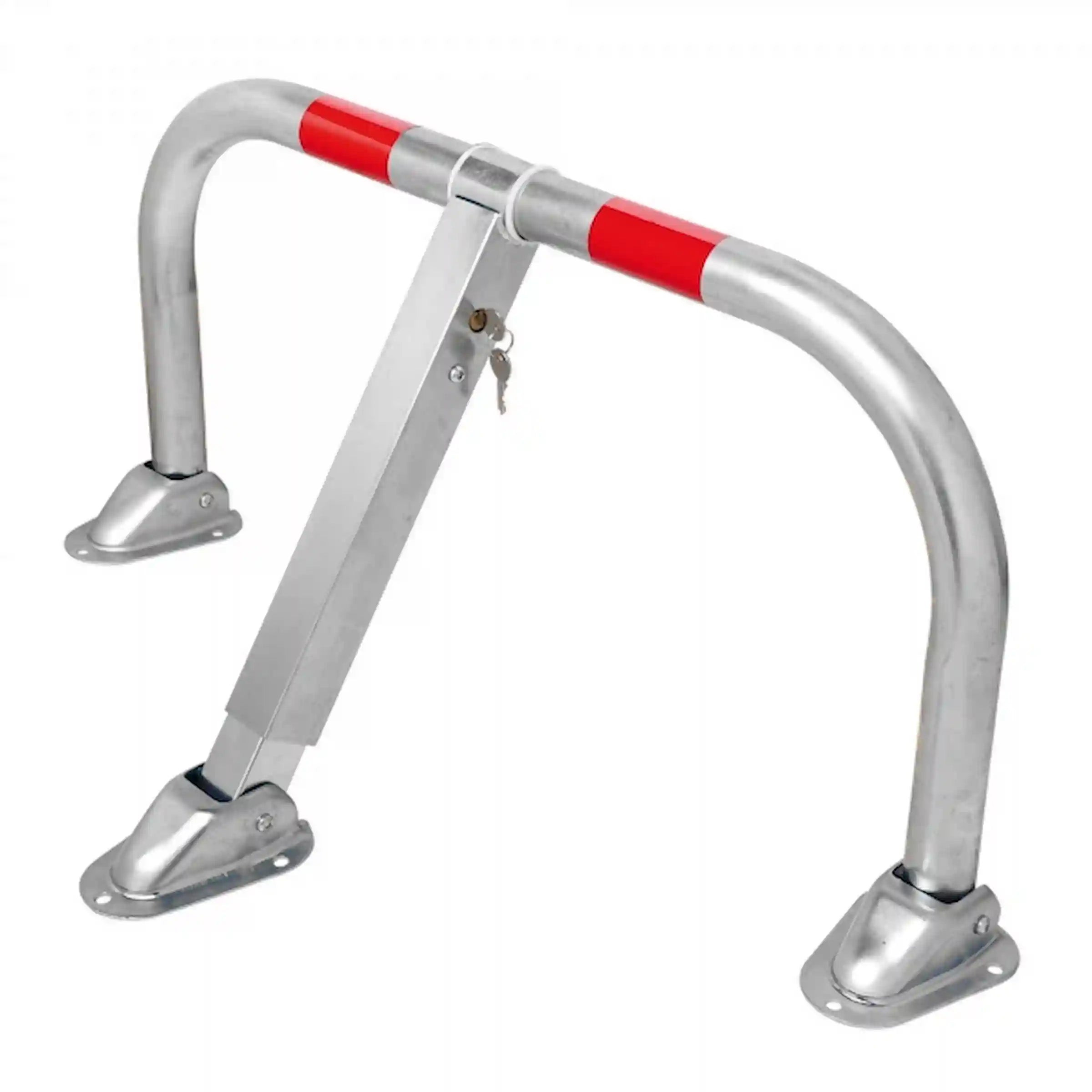 Umlegbarer Parkbügel aus Stahl mit Schloss und Reflektoren.