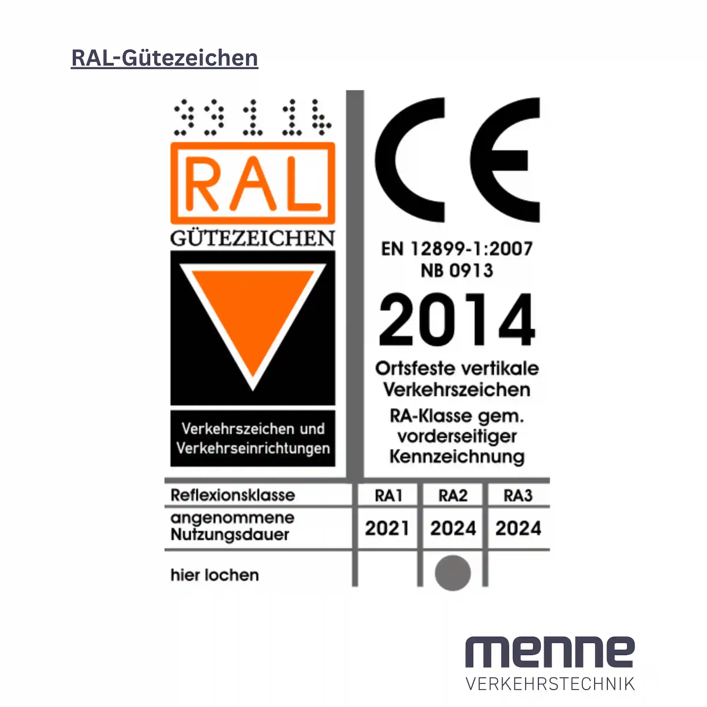 Das RAL-Gütezeichen und CE-Kennzeichen für Verkehrszeichen, was verpflichtend ist.