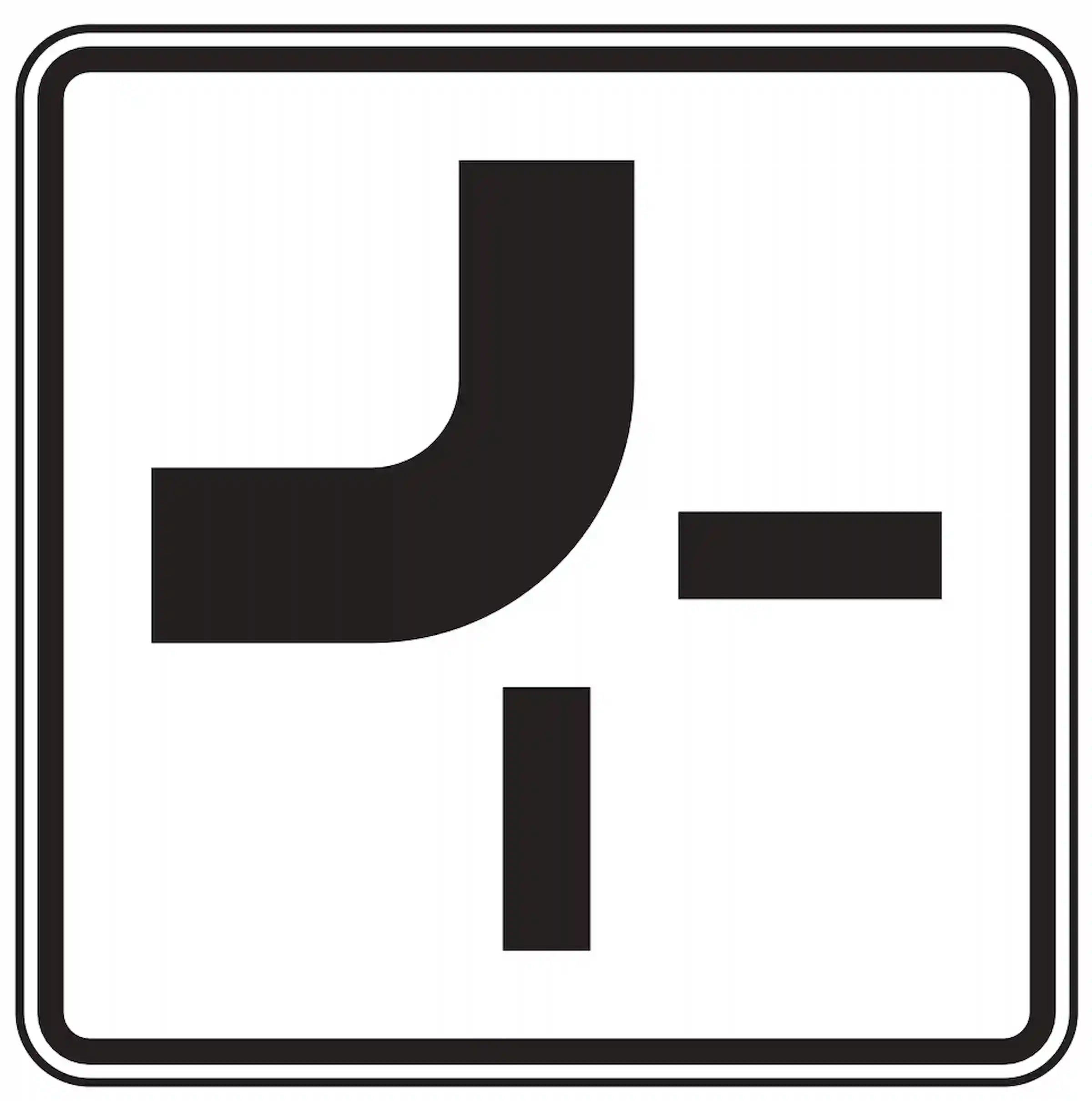 Verkehrszeichen 1002-11: Zusatzzeichen „Verlauf der Vorfahrtsstraße“. Gibt an, wie die Vorfahrtsstraße im Kreuzungsbereich verläuft – als Ergänzung zu Verkehrszeichen 306.