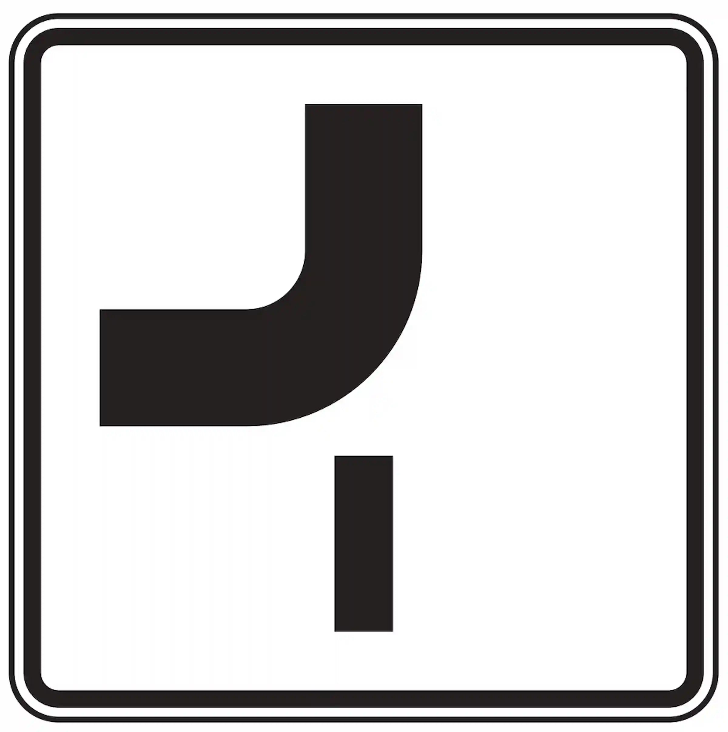 Verkehrszeichen 1002-14: Zusatzzeichen „Verlauf der Vorfahrtsstraße“. Zeigt die abknickende Vorfahrt im Kreuzungsbereich an – als Ergänzung zum Vorfahrtsschild (VZ 306).