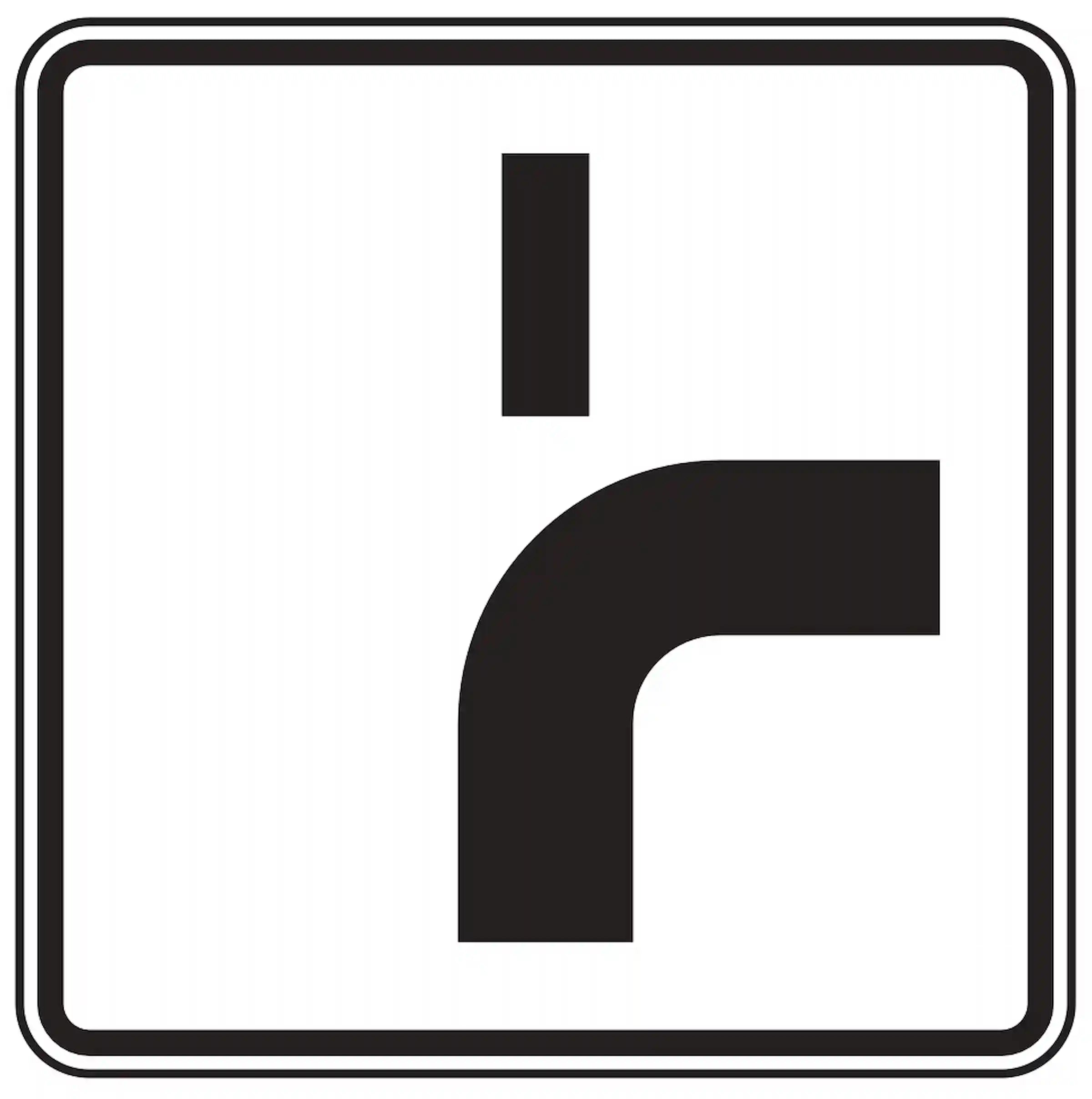 Verkehrszeichen 1002-22: Zusatzzeichen „Verlauf der Vorfahrtsstraße“. Zeigt an, dass die Vorfahrtsstraße im Kreuzungsbereich links abknickt – als Ergänzung zum Vorfahrtsschild (VZ 306).