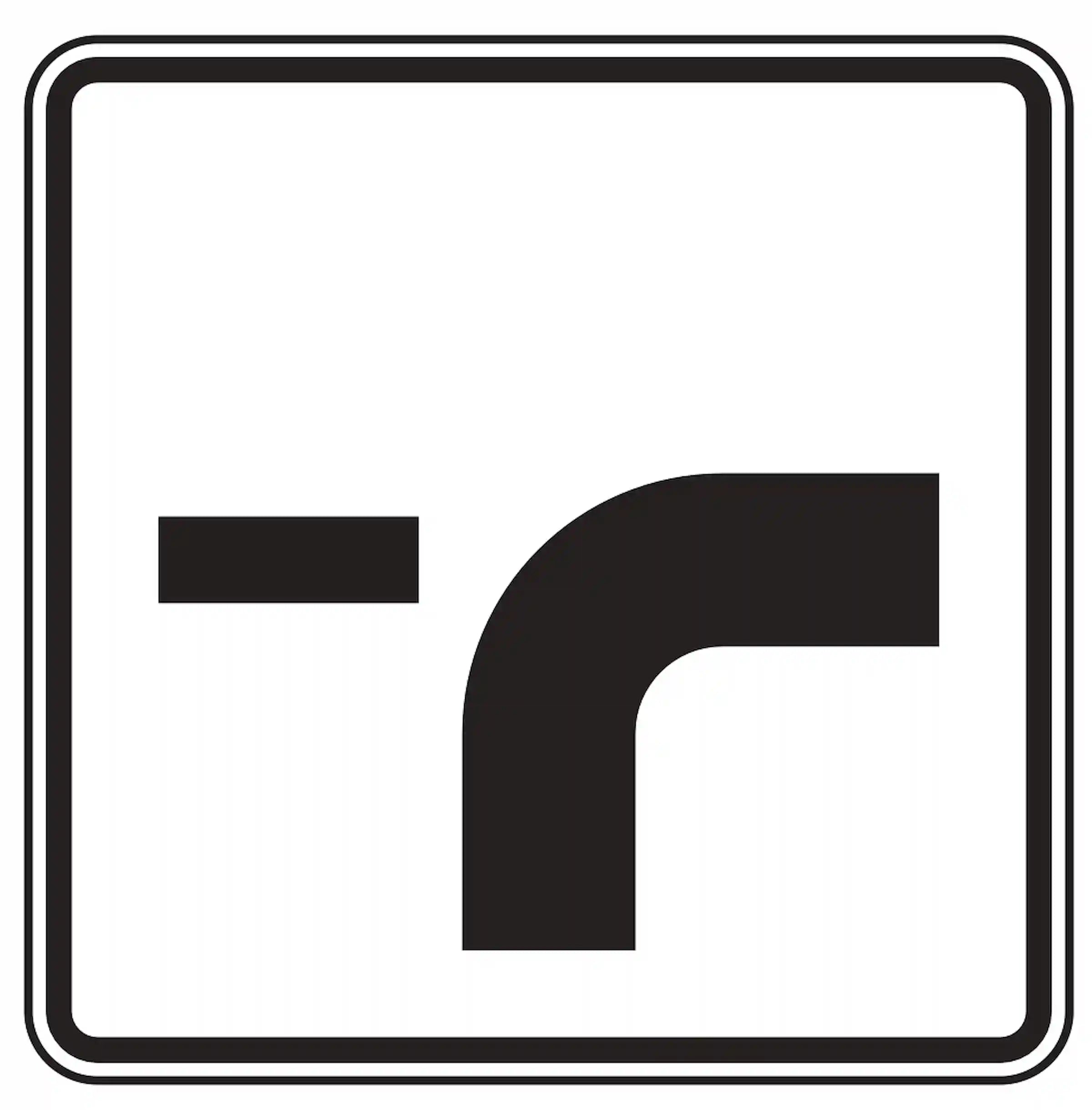 Verkehrszeichen 1002-23: Zusatzzeichen „Verlauf der Vorfahrtsstraße“. Zeigt an, dass die Vorfahrtsstraße im Kreuzungsbereich rechts abknickt – als Ergänzung zum Vorfahrtsschild (VZ 306).