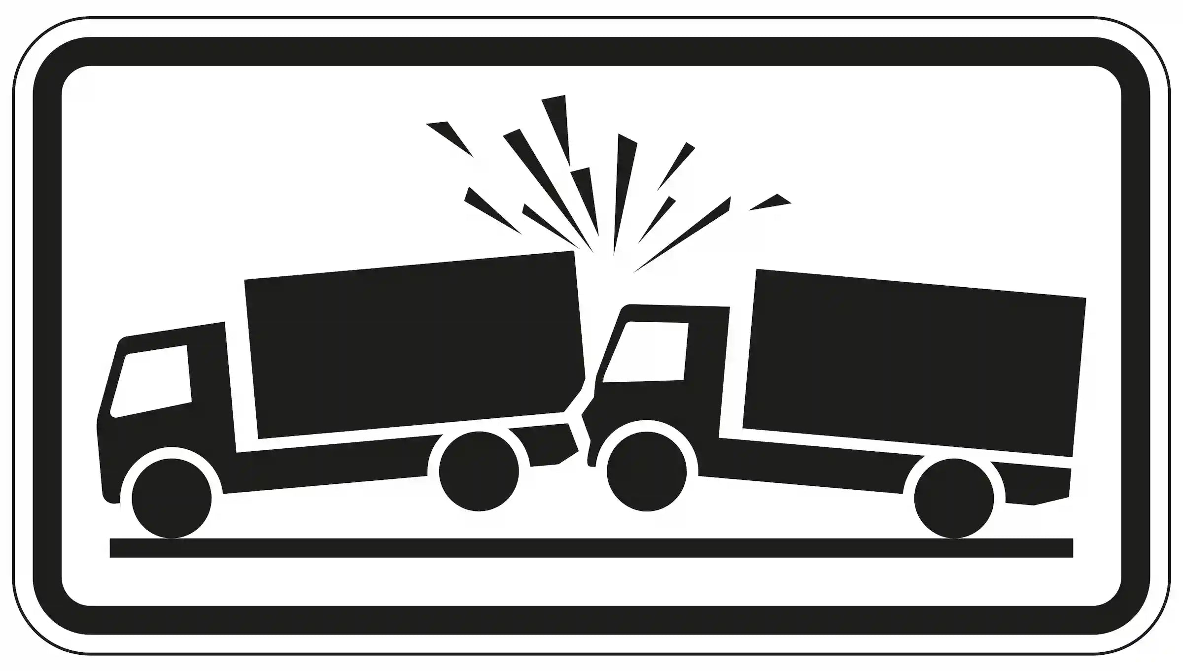 Zusatzzeichen 1006-32 „Unfallgefahr Lkw“ mit zwei kollidierenden Lkw-Symbolen und grafischer Darstellung eines Auffahrunfalls – rechteckiges schwarz-weißes Schild zur Unfallwarnung im Lkw-Verkehr