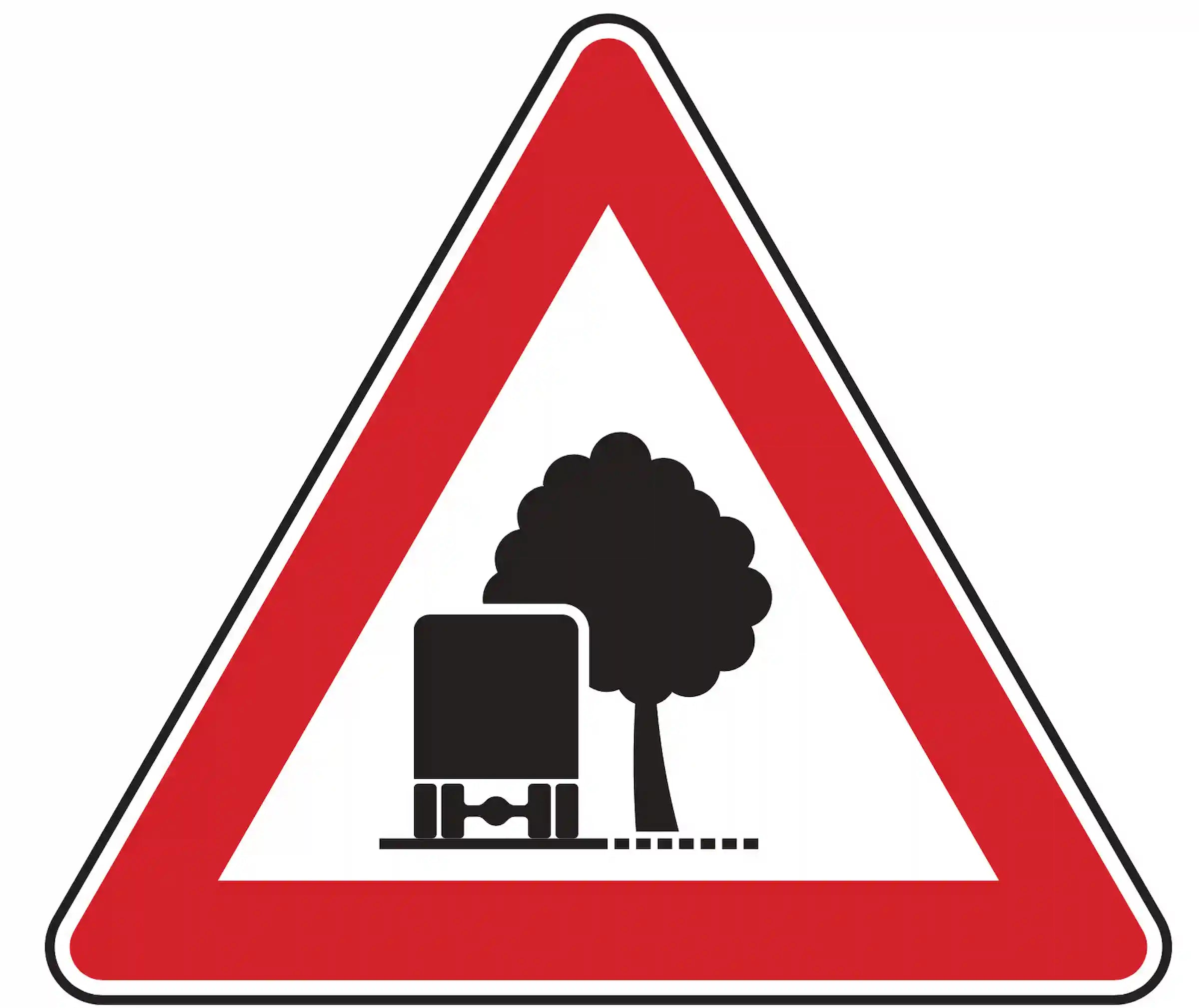 Verkehrszeichen Unzureichendes Lichtraumprofil (VZ 101-54), das vor überhängenden Büschen und Bäumen warnt, insbesondere für hohe Fahrzeuge.