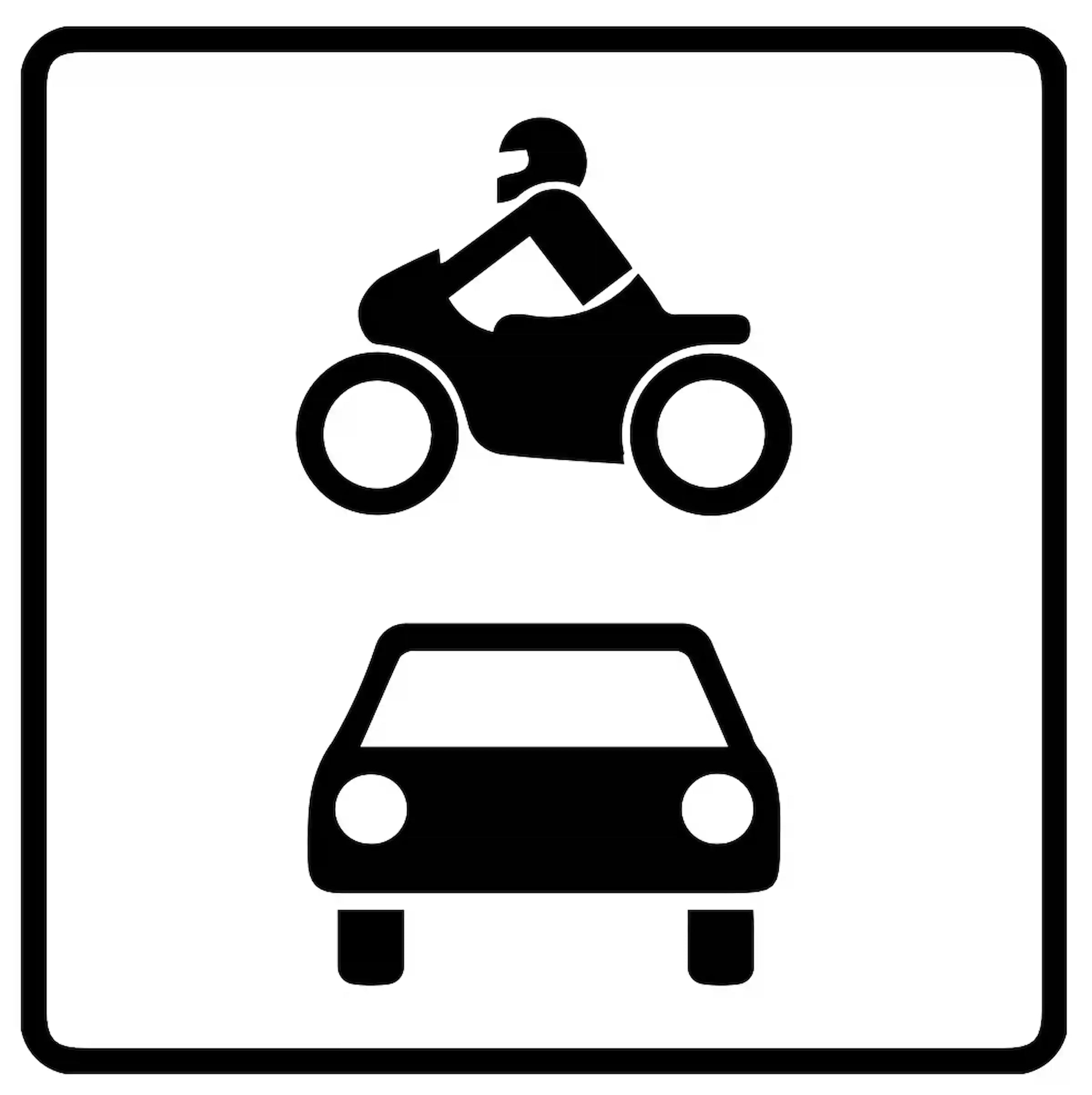 Verkehrszeichen 1010-72: Zusatzzeichen für „Krafträder, auch mit Beiwagen, Kleinkrafträder und Mopeds, Kraftwagen und sonstige mehrspurige Fahrzeuge“. Es schränkt das Hauptverkehrszeichen auf diese Fahrzeugarten ein.