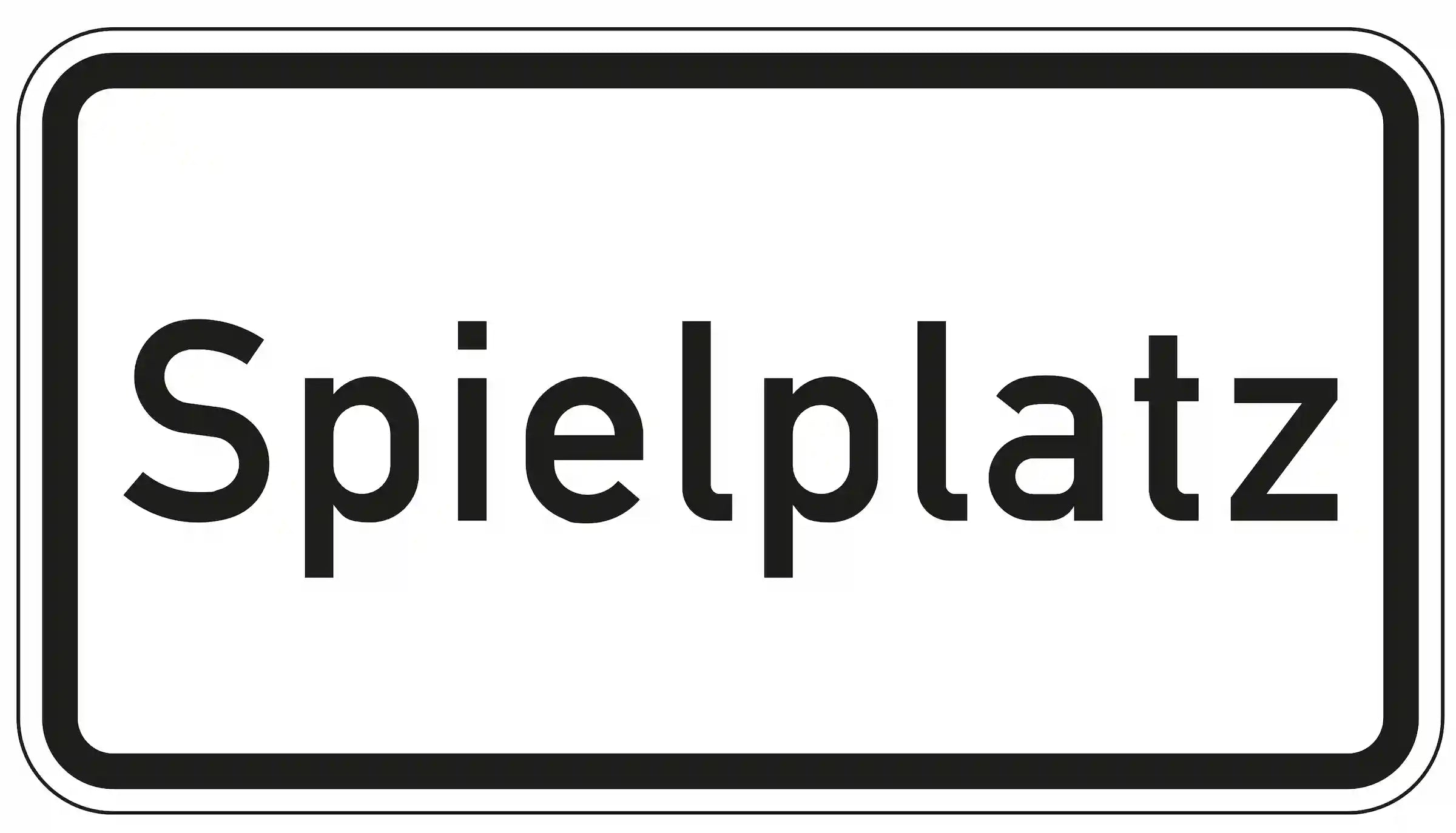 Zusatzzeichen 1012-56 „Spielplatz“ – rechteckiges Verkehrsschild mit schwarzem Schriftzug „Spielplatz“ auf weißem Hintergrund, um auf die Nähe eines Spielplatzes hinzuweisen