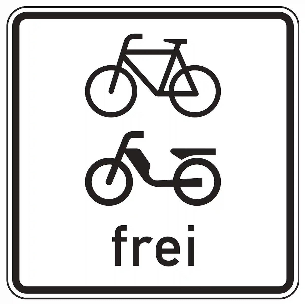 Verkehrszeichen 1022-14: Zusatzzeichen „Radverkehr und Mofas frei“. Hebt ein Verkehrsverbot – z. B. laut VZ 250 – für Radfahrer und Mofas auf.