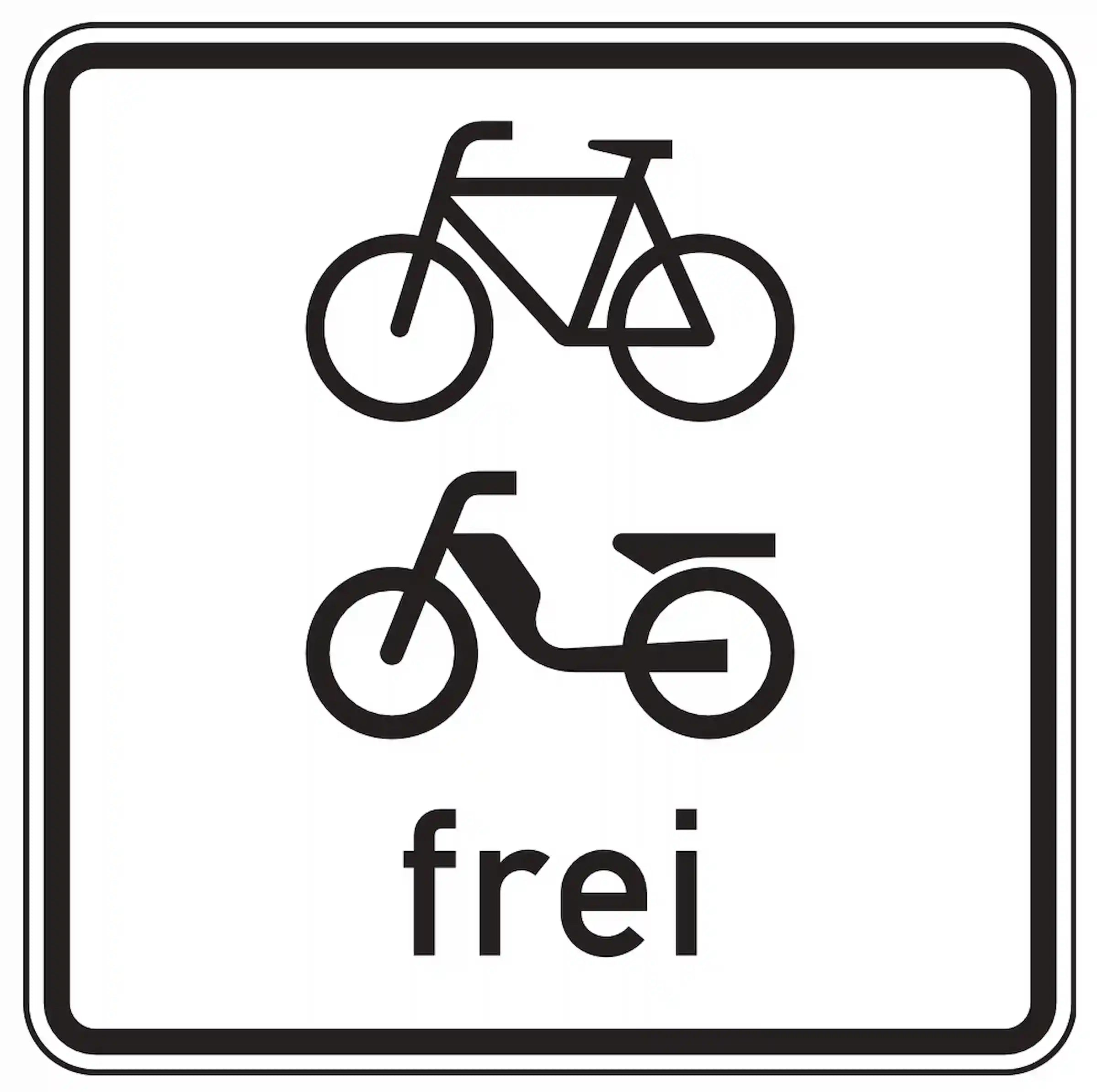Verkehrszeichen 1022-14: Zusatzzeichen „Radverkehr und Mofas frei“. Hebt ein Verkehrsverbot – z. B. laut VZ 250 – für Radfahrer und Mofas auf.