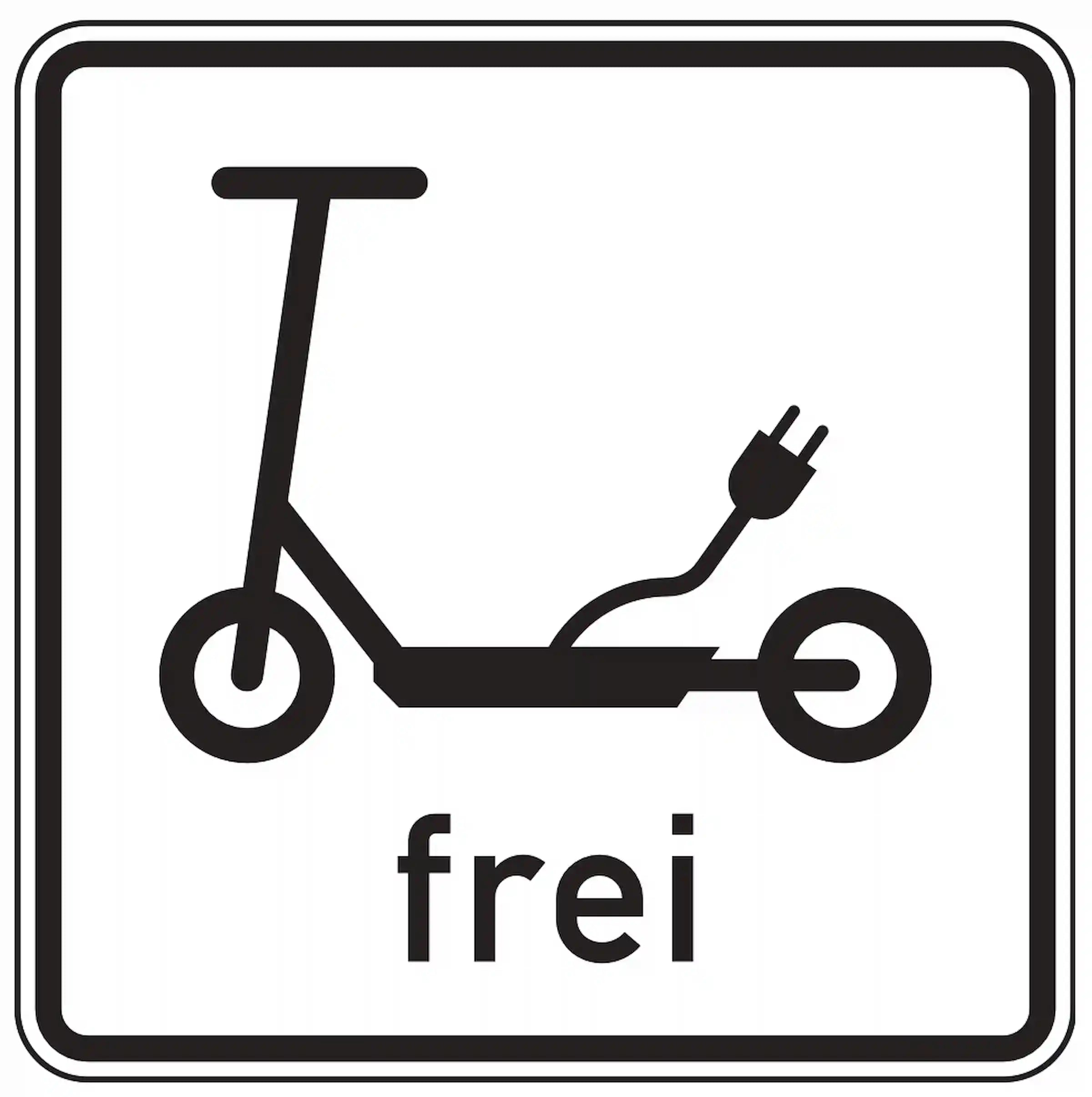 Verkehrszeichen 1022-16: Zusatzzeichen „Elektrokleinstfahrzeuge frei“. Hebt ein Verkehrsverbot – z. B. laut VZ 250 – für Elektrokleinstfahrzeuge wie E-Scooter auf.