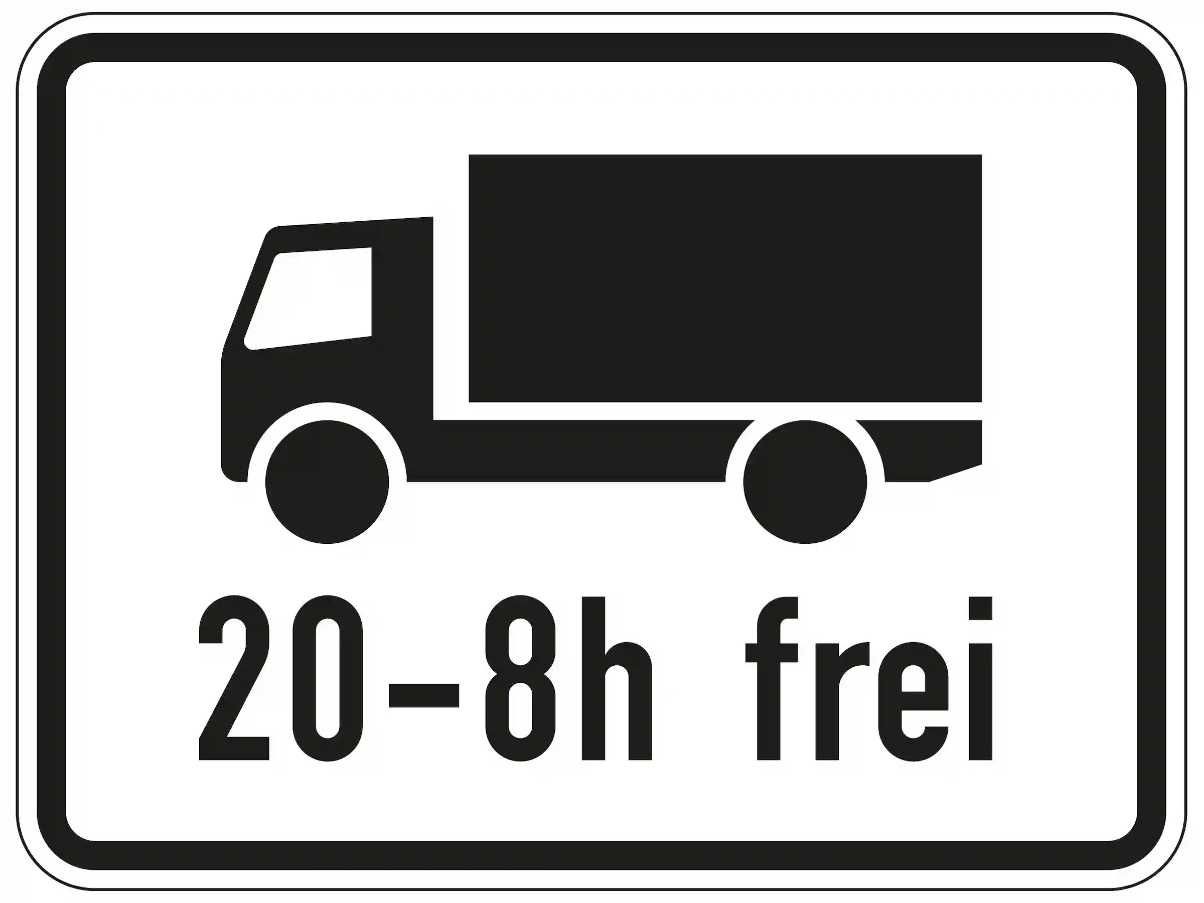 Zusatzzeichen 1040-37 – Verkehrszeichen mit Lkw-Symbol und Aufschrift „20–8h frei“, das Kraftfahrzeugen über 3,5 Tonnen in einem bestimmten Zeitraum Zufahrt erlaubt
