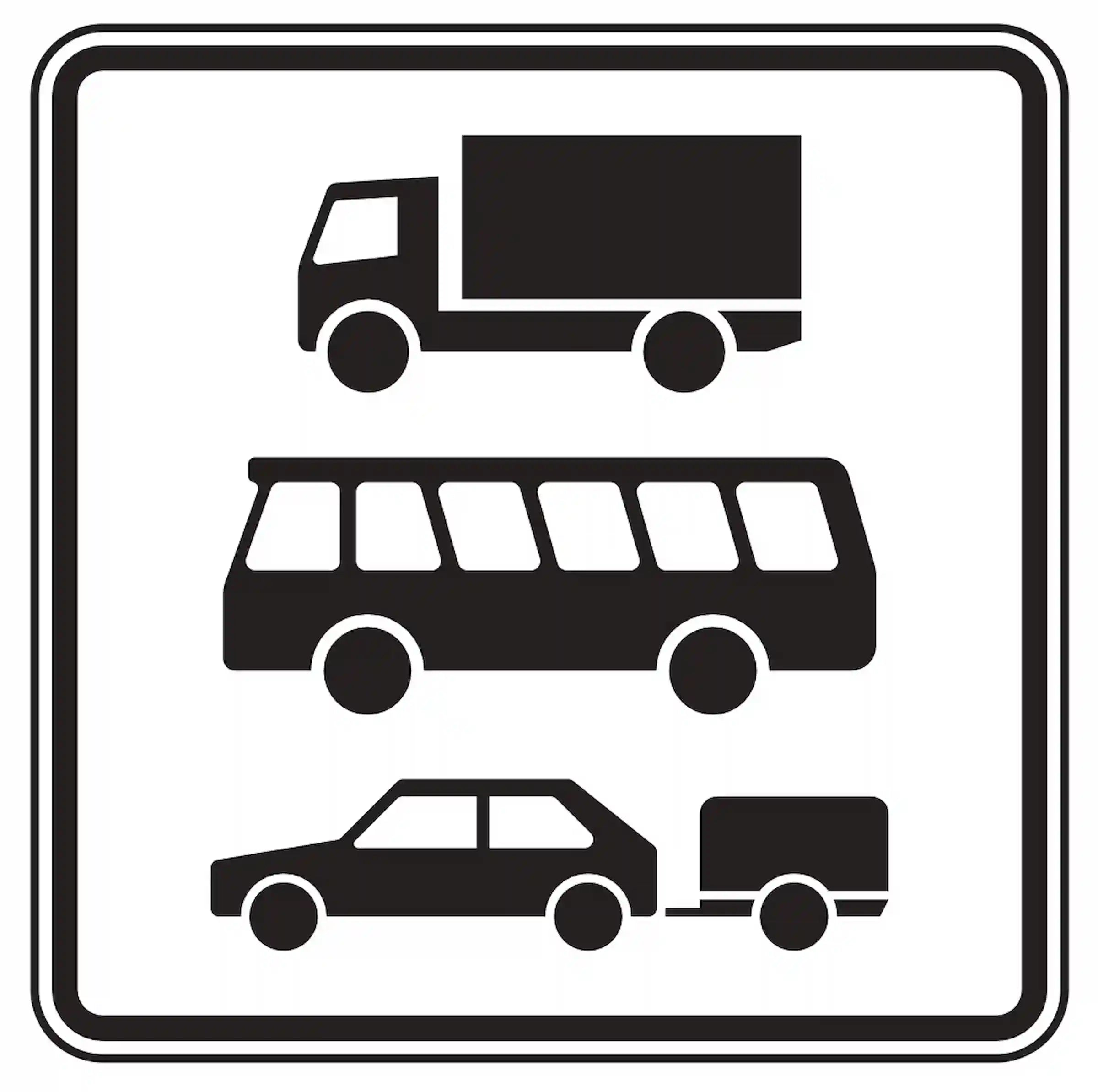Verkehrszeichen 1049-13: Zusatzzeichen „Nur Lkw, Kraftomnibusse und Pkw mit Anhänger“. Gilt ausschließlich für diese Fahrzeugarten und wird unter dem zugehörigen Verkehrszeichen angebracht.