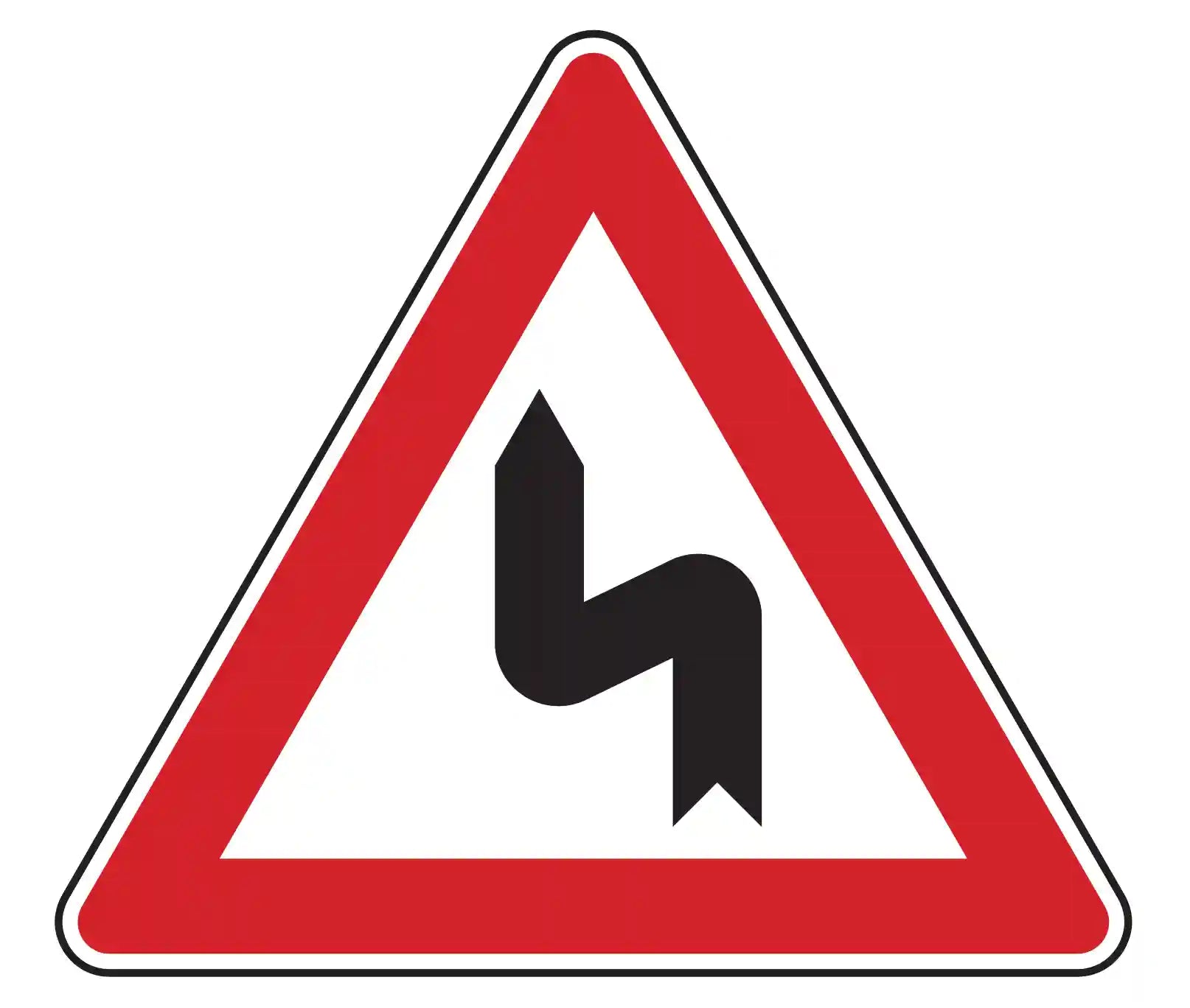 Verkehrszeichen Doppelkurve, zunächst links (VZ 105-10), das vor zwei oder mehr aufeinanderfolgenden Kurven warnt, wobei die erste nach links führt.