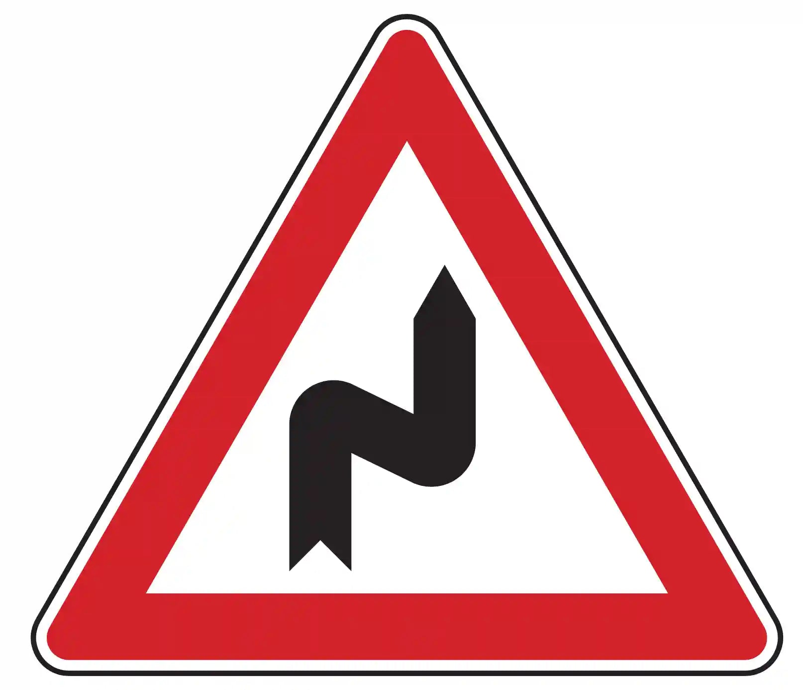 Verkehrszeichen Doppelkurve, zunächst rechts (VZ 105-20), das vor zwei oder mehr aufeinanderfolgenden Kurven warnt, wobei die erste nach rechts führt.