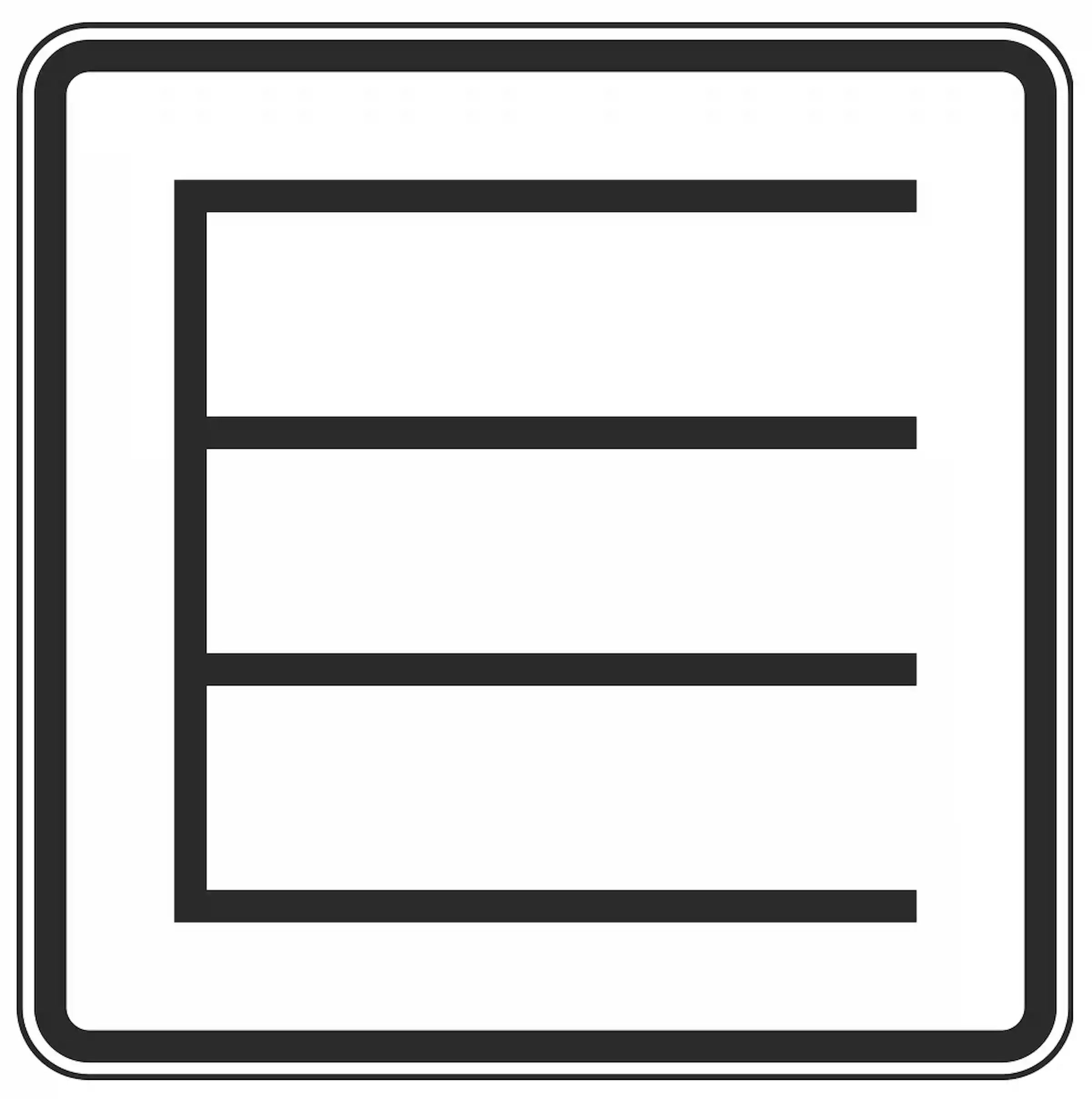 Verkehrszeichen 1053-38: Zusatzzeichen „Querparken als Sinnbild“. Gibt vor, dass Fahrzeuge ausschließlich quer zur Fahrbahn geparkt werden dürfen.