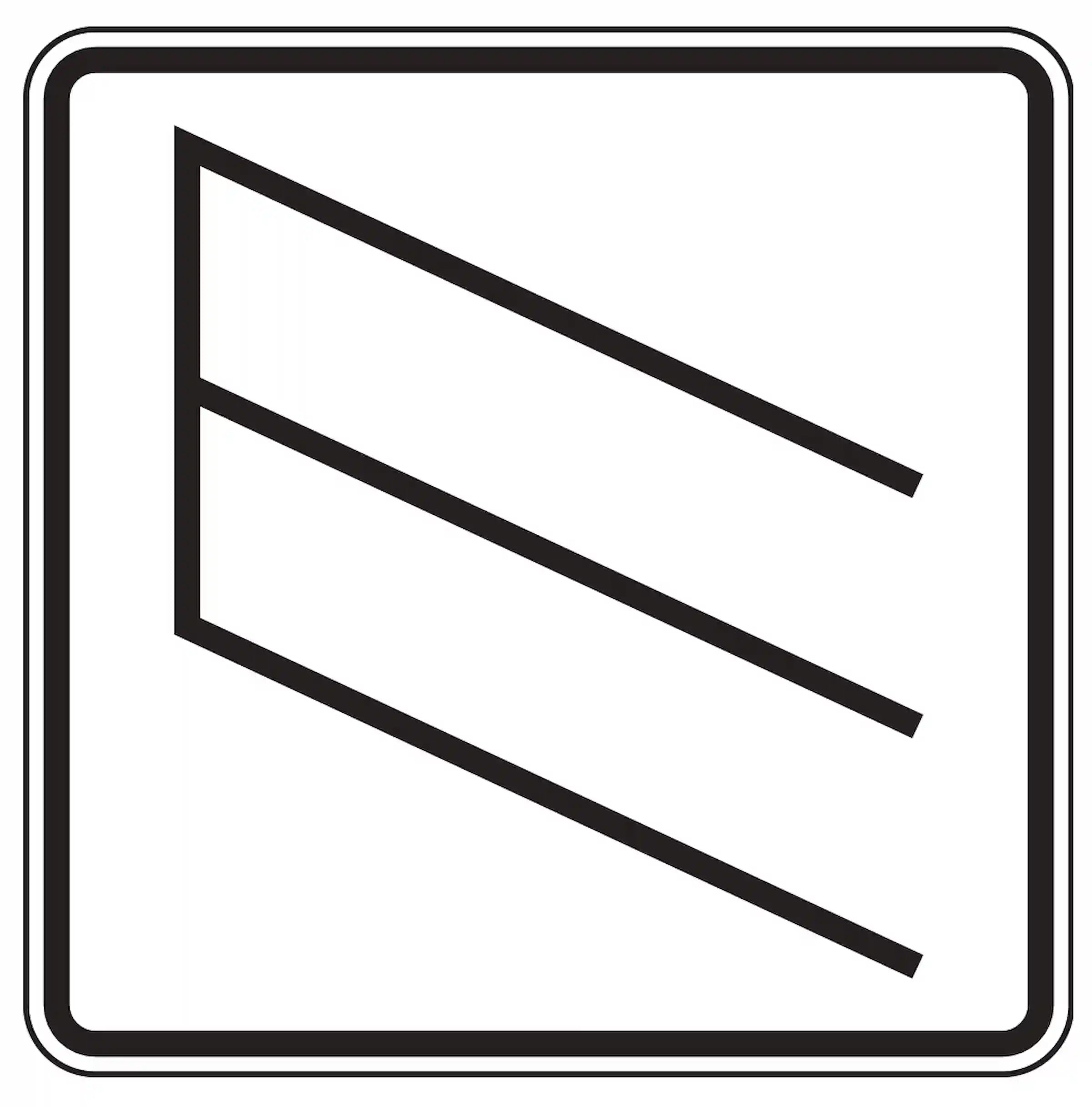 Verkehrszeichen 1053-39: Zusatzzeichen „Schrägparken als Sinnbild“. Gibt vor, dass Fahrzeuge ausschließlich schräg zur Fahrbahn abgestellt werden dürfen.