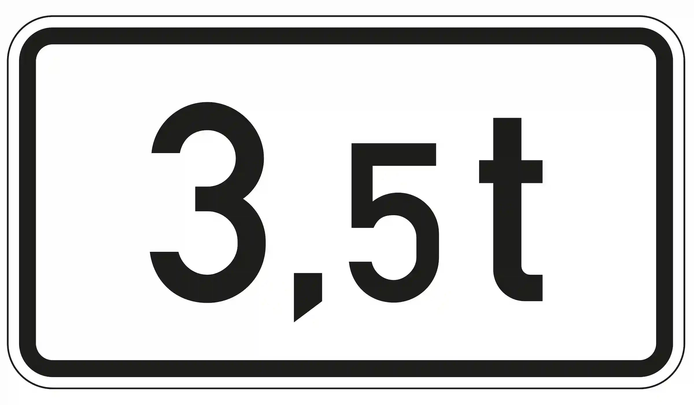 Zusatzzeichen 1053-55 „3,5 t“ – rechteckiges Schild mit schwarzem Rahmen und der Gewichtsangabe 3,5 Tonnen zur Begrenzung der zulässigen Gesamtmasse von Fahrzeugen