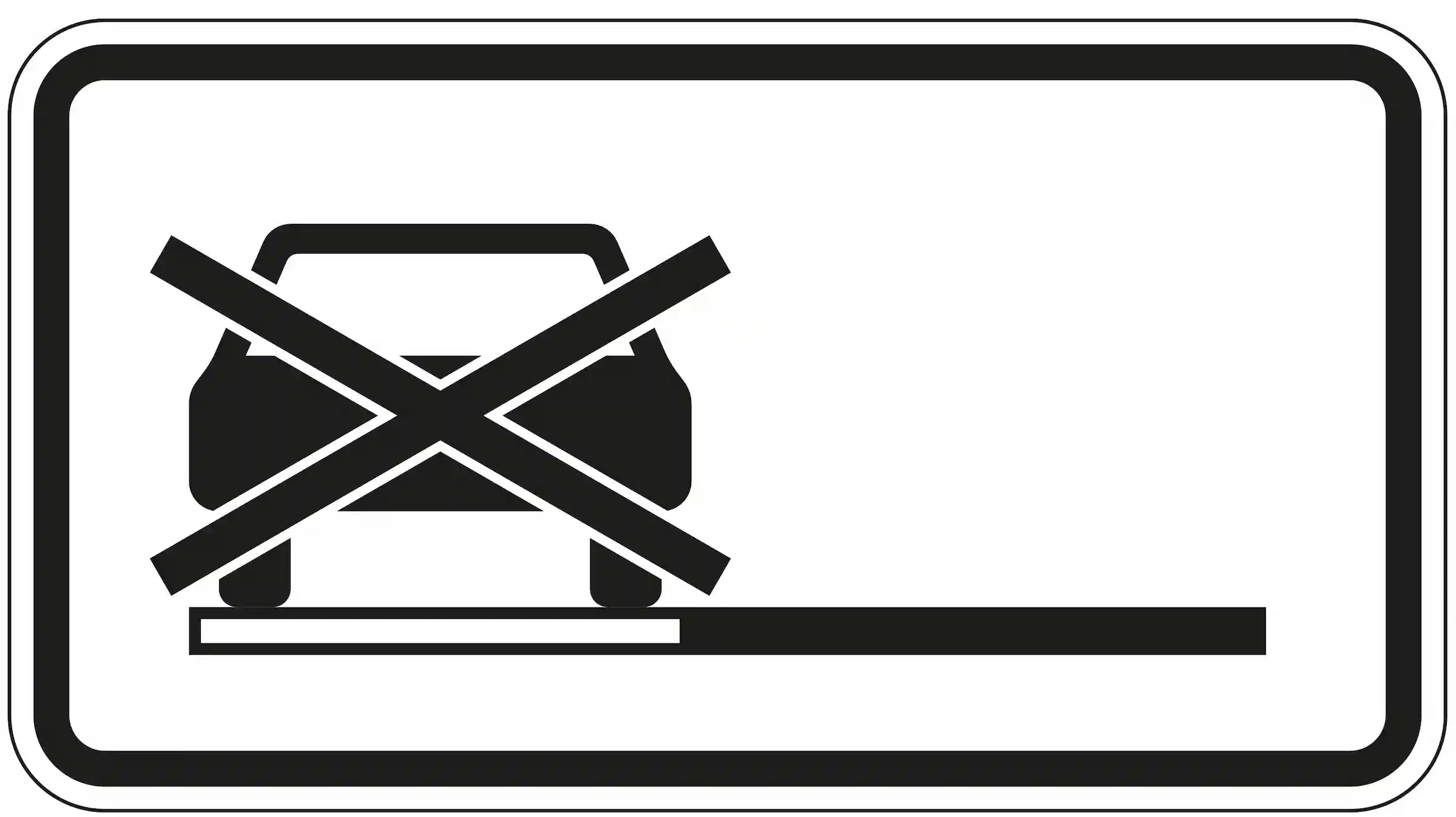 Zusatzzeichen 1060-34 – Haltverbot auch auf dem linken Seitenstreifen: rechteckiges Schild mit durchgestrichenem Auto-Symbol und Darstellung eines Seitenstreifens, schwarz-weiß