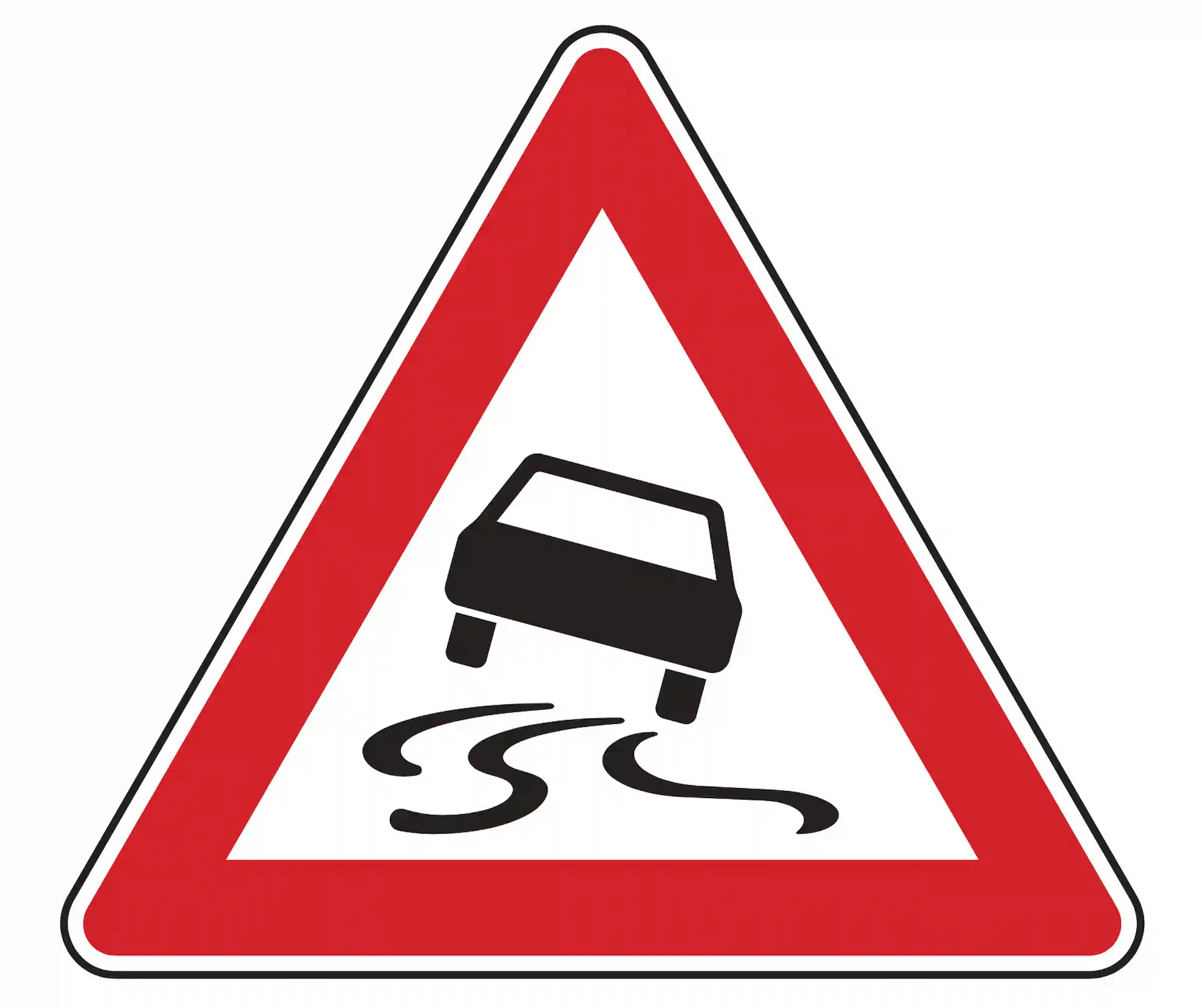 Verkehrszeichen Schleuder- oder Rutschgefahr (VZ 114), das vor verminderter Griffigkeit der Fahrbahn durch Nässe oder Verschmutzung warnt.