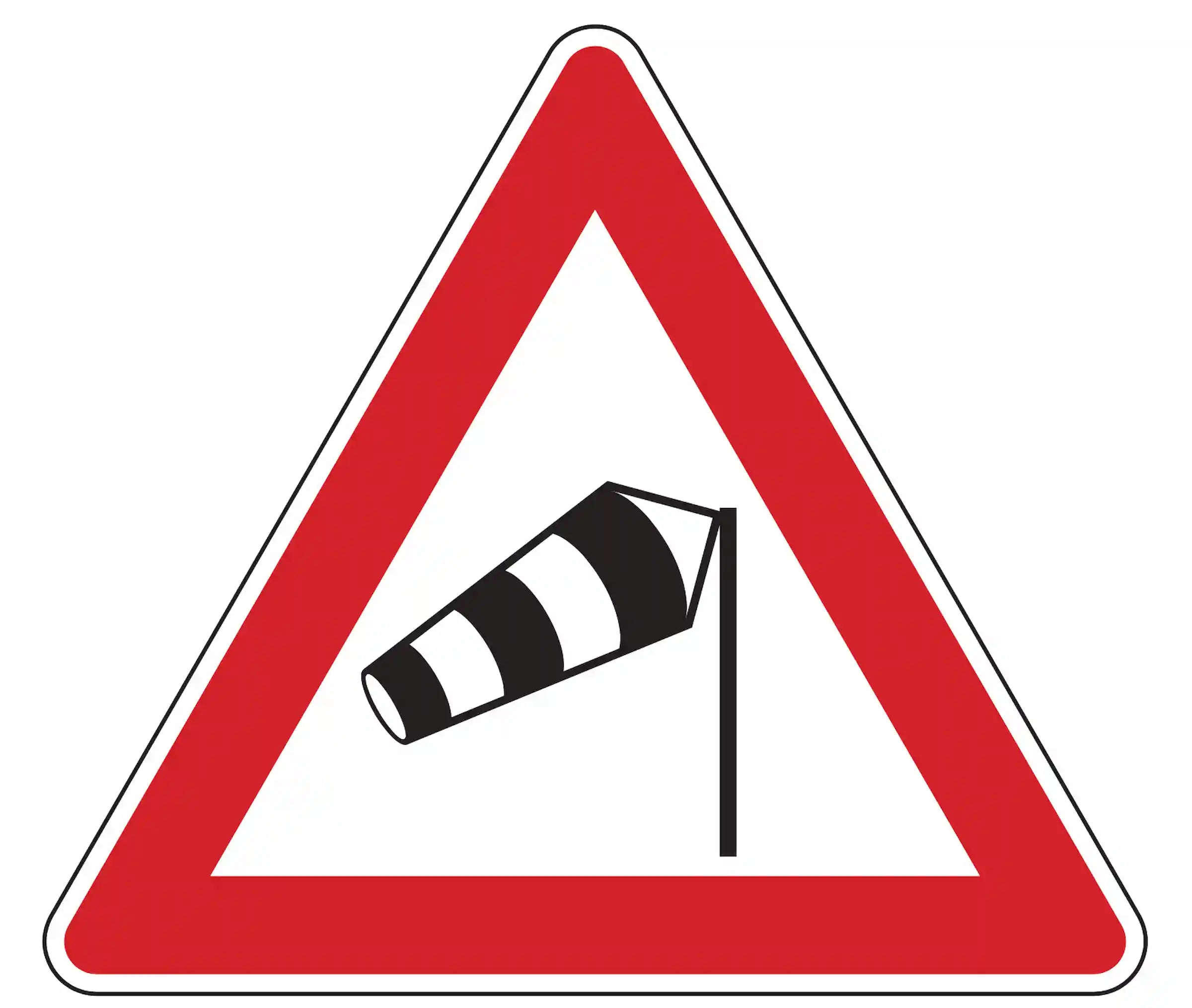 Verkehrszeichen 117-10: Dreieck mit Windsack – warnt vor starkem Seitenwind von rechts.