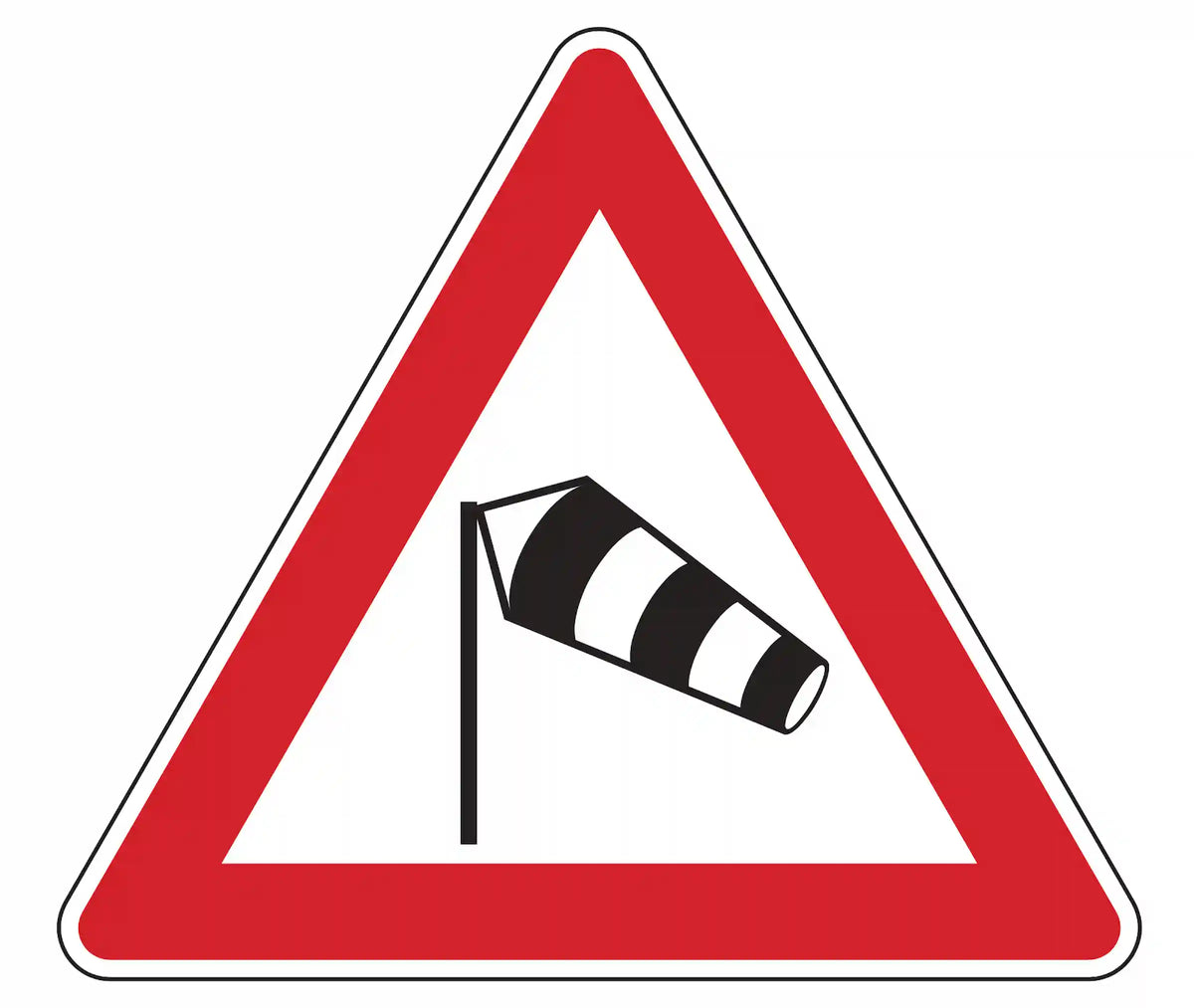 Warnschild 117-20: rotes Dreieck mit Windsack; weist 150–250 m vor Brücken auf gefährliche Seitenwinde von links hin.
