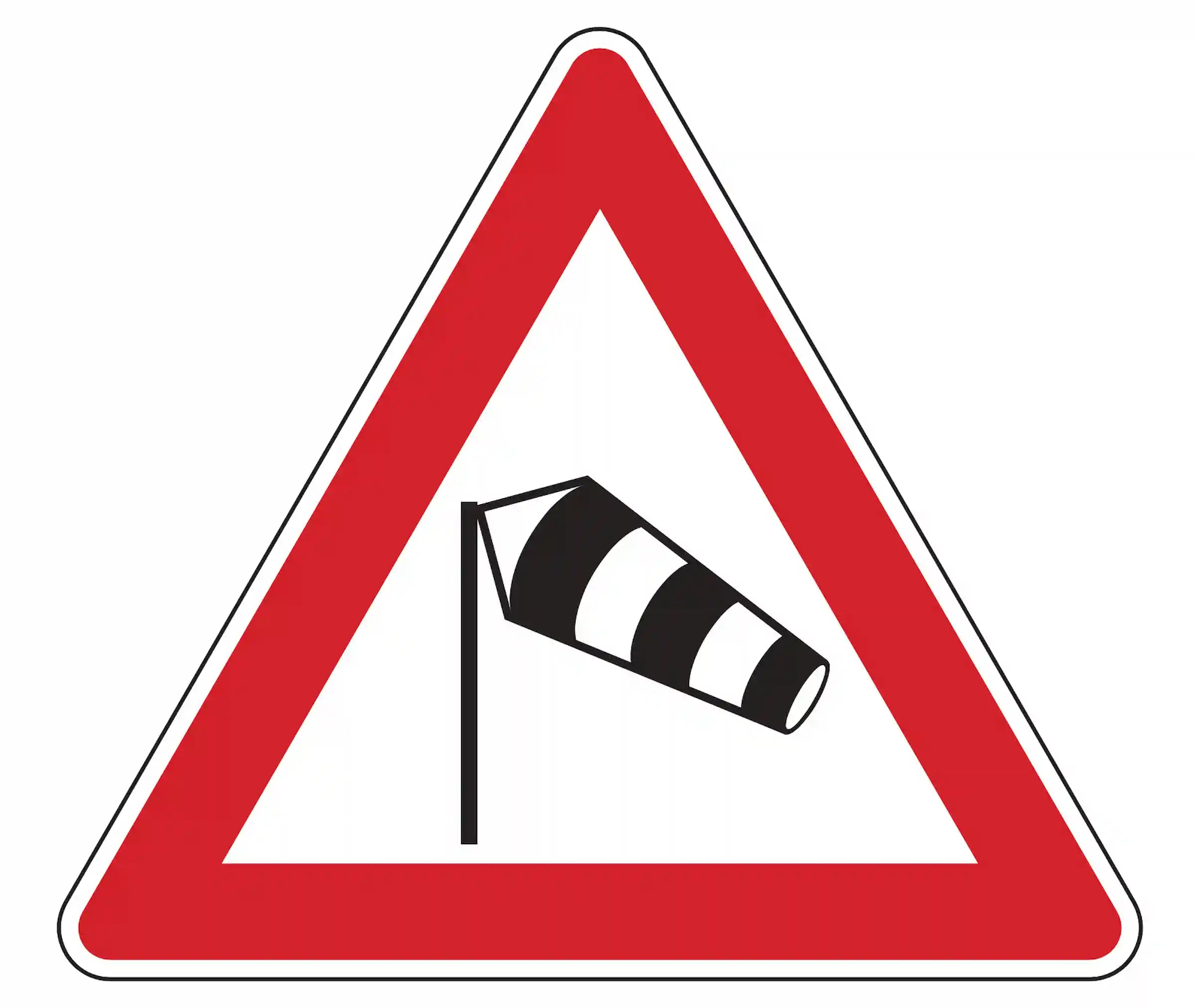 Warnschild 117-20: rotes Dreieck mit Windsack; weist 150–250 m vor Brücken auf gefährliche Seitenwinde von links hin.