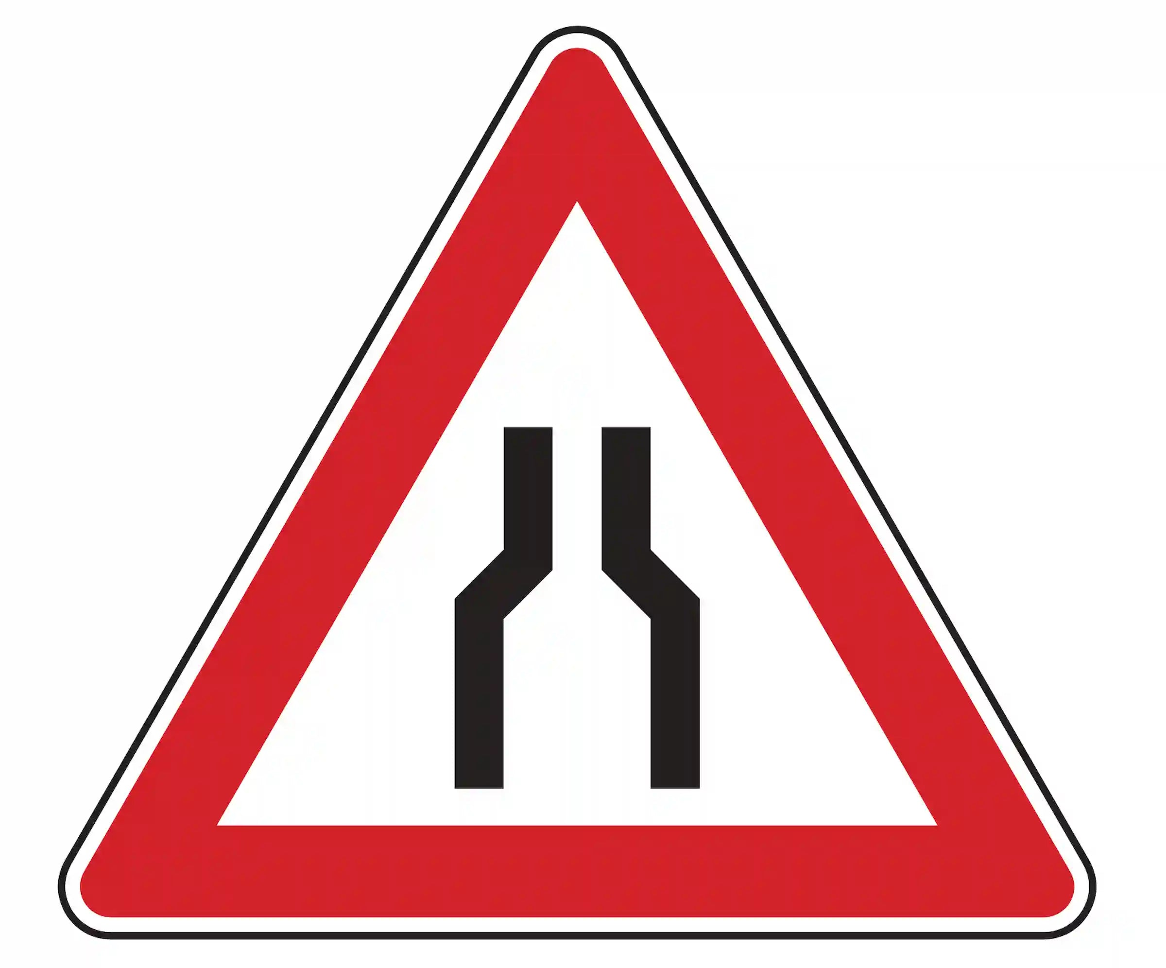 Verkehrszeichen 120: Dreieck mit zulaufenden Linien – warnt vor beidseitig verengter Fahrbahn.