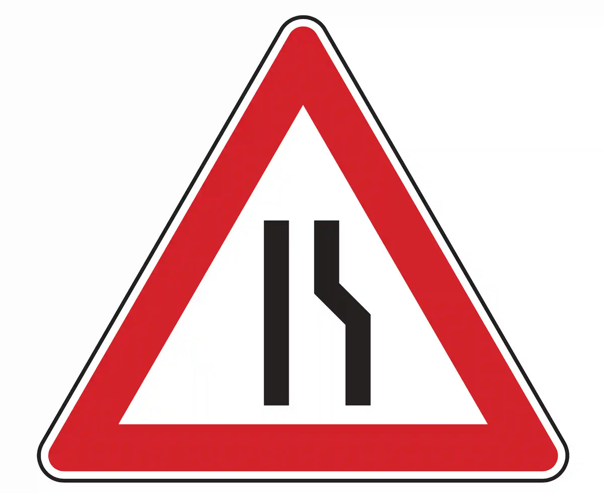 Warnschild 121-10: rotes Dreieck, links senkrechte Linie, rechts schräg einwärts laufende Linie; kündigt kurzfristige Fahrbahnverengung von rechts ohne Leiteinrichtungen an.