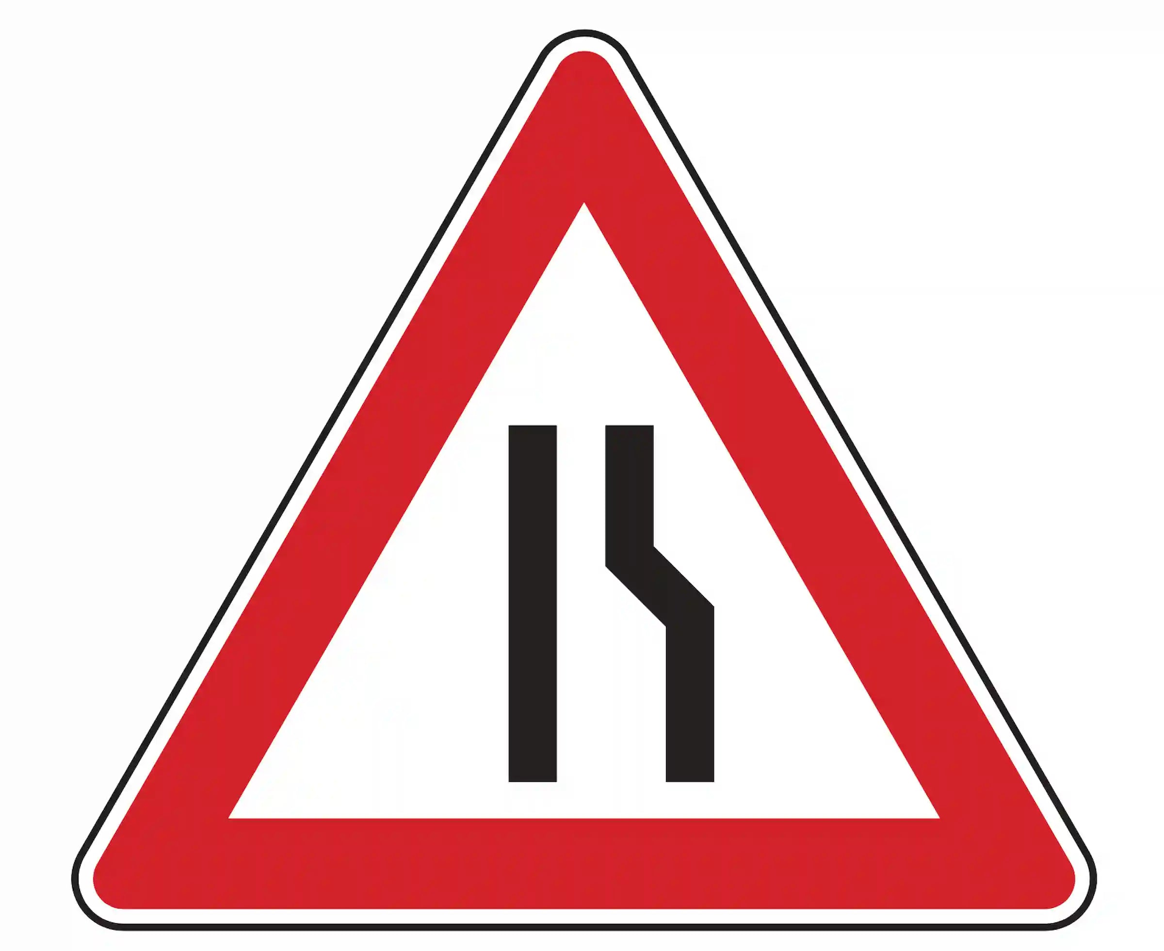 Warnschild 121-10: rotes Dreieck, links senkrechte Linie, rechts schräg einwärts laufende Linie; kündigt kurzfristige Fahrbahnverengung von rechts ohne Leiteinrichtungen an.