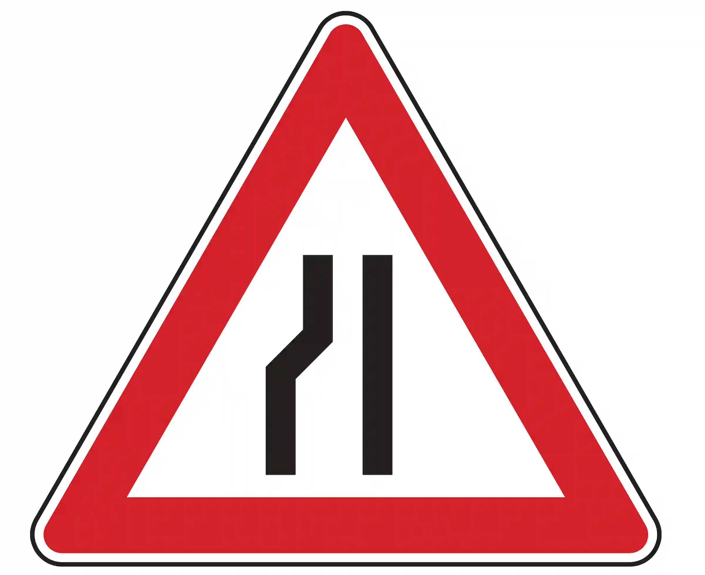 Verkehrszeichen 121-20: Dreieck mit links zulaufender Linie – warnt vor Fahrbahnverengung von links.