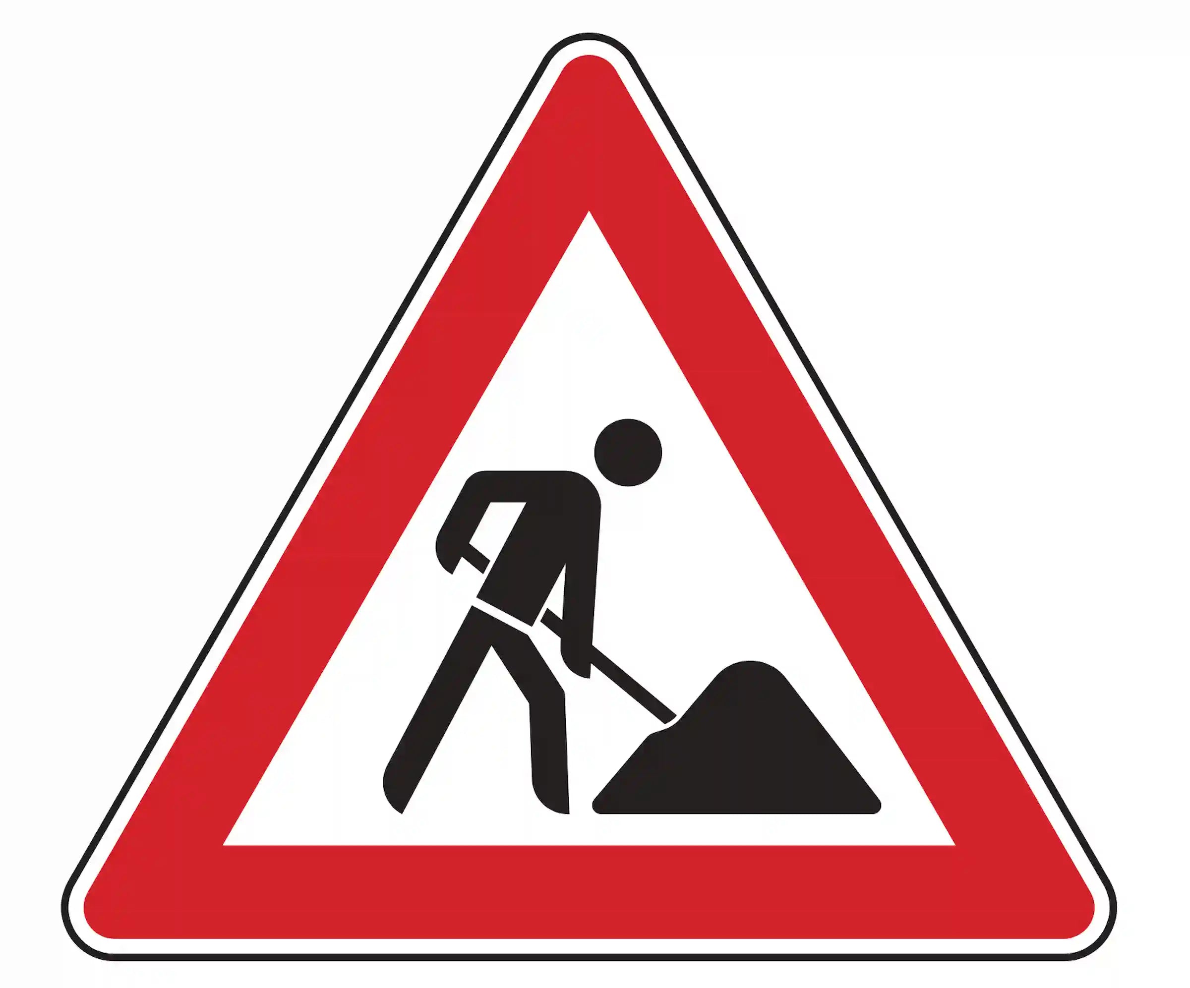 Verkehrszeichen 123: Dreieck mit Bauarbeiter – warnt vor naher Baustelle, Tempo senken.