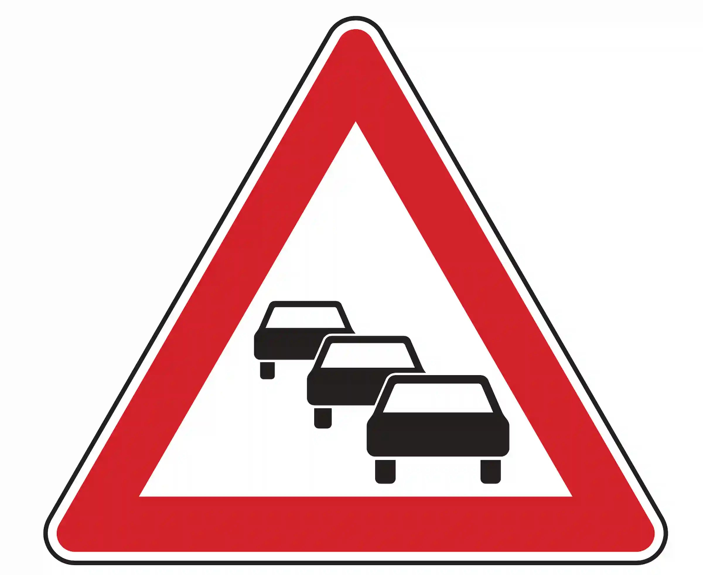 Verkehrszeichen 124: Dreieck mit drei Autos – warnt vor Stau, Stauende rechtzeitig beachten.