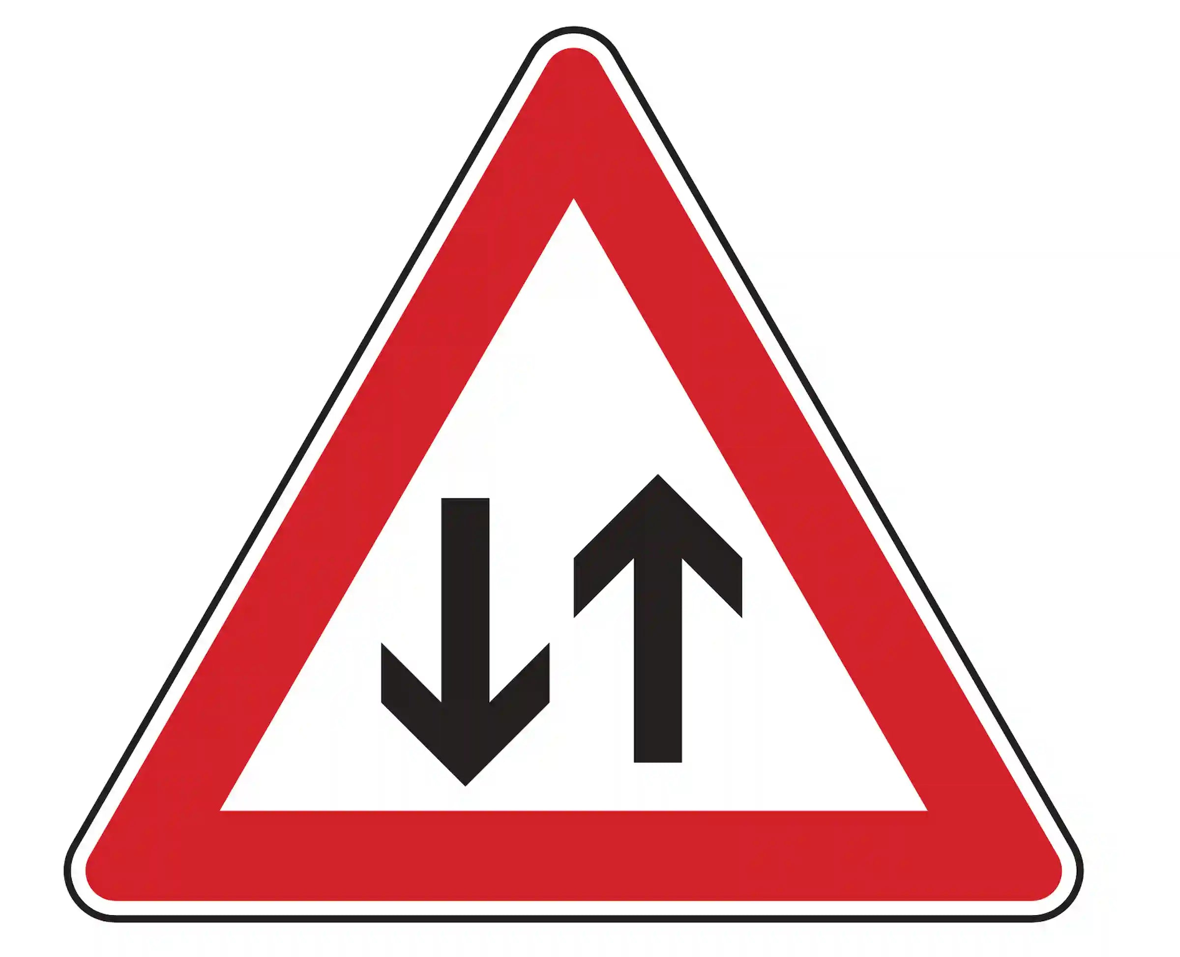 Verkehrszeichen 125: Dreieck mit zwei entgegengesetzten Pfeilen – warnt vor Gegenverkehr.“