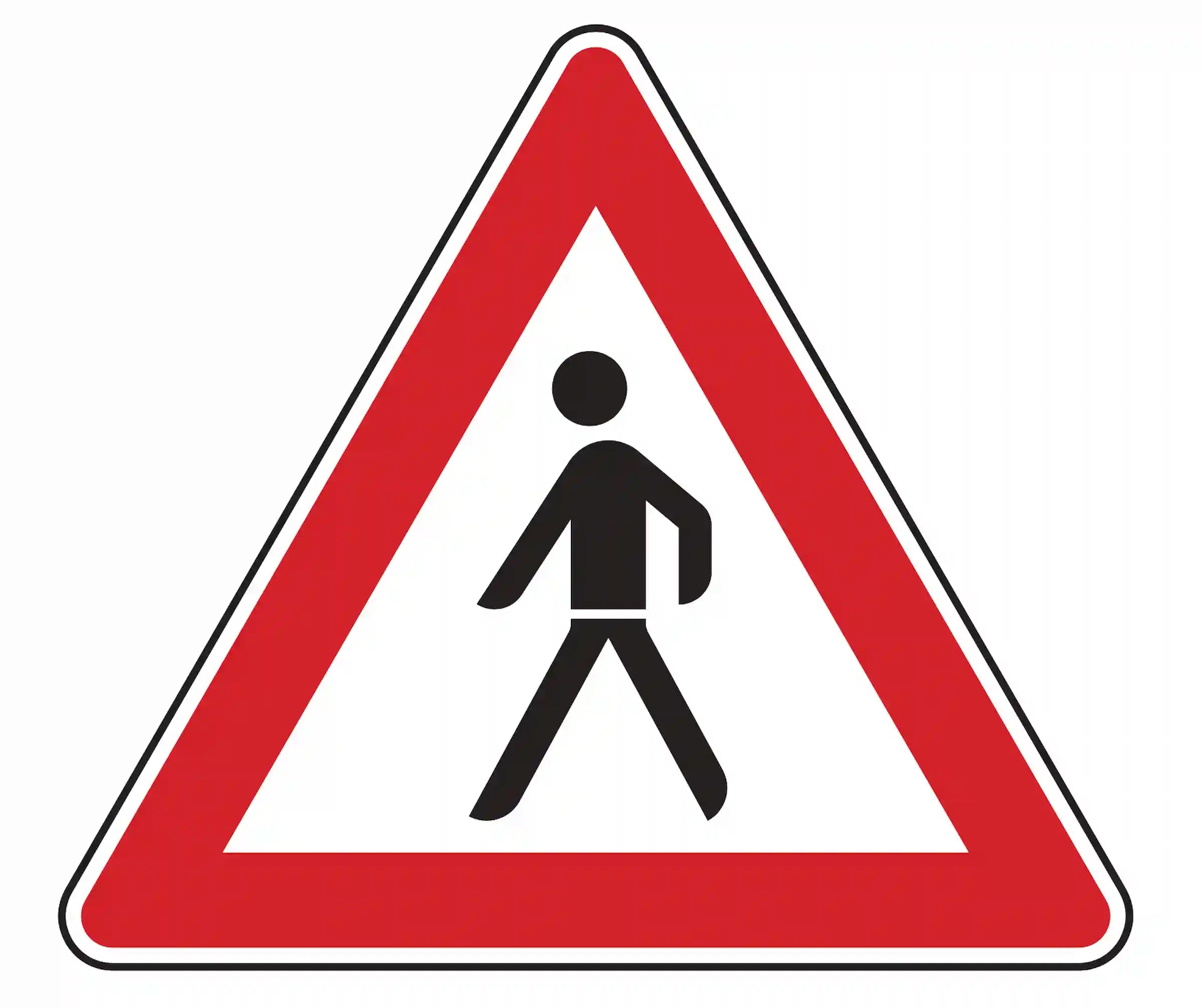 Verkehrszeichen 133-10: Dreieck mit Fußgängersymbol – warnt vor querenden Fußgängern rechts.