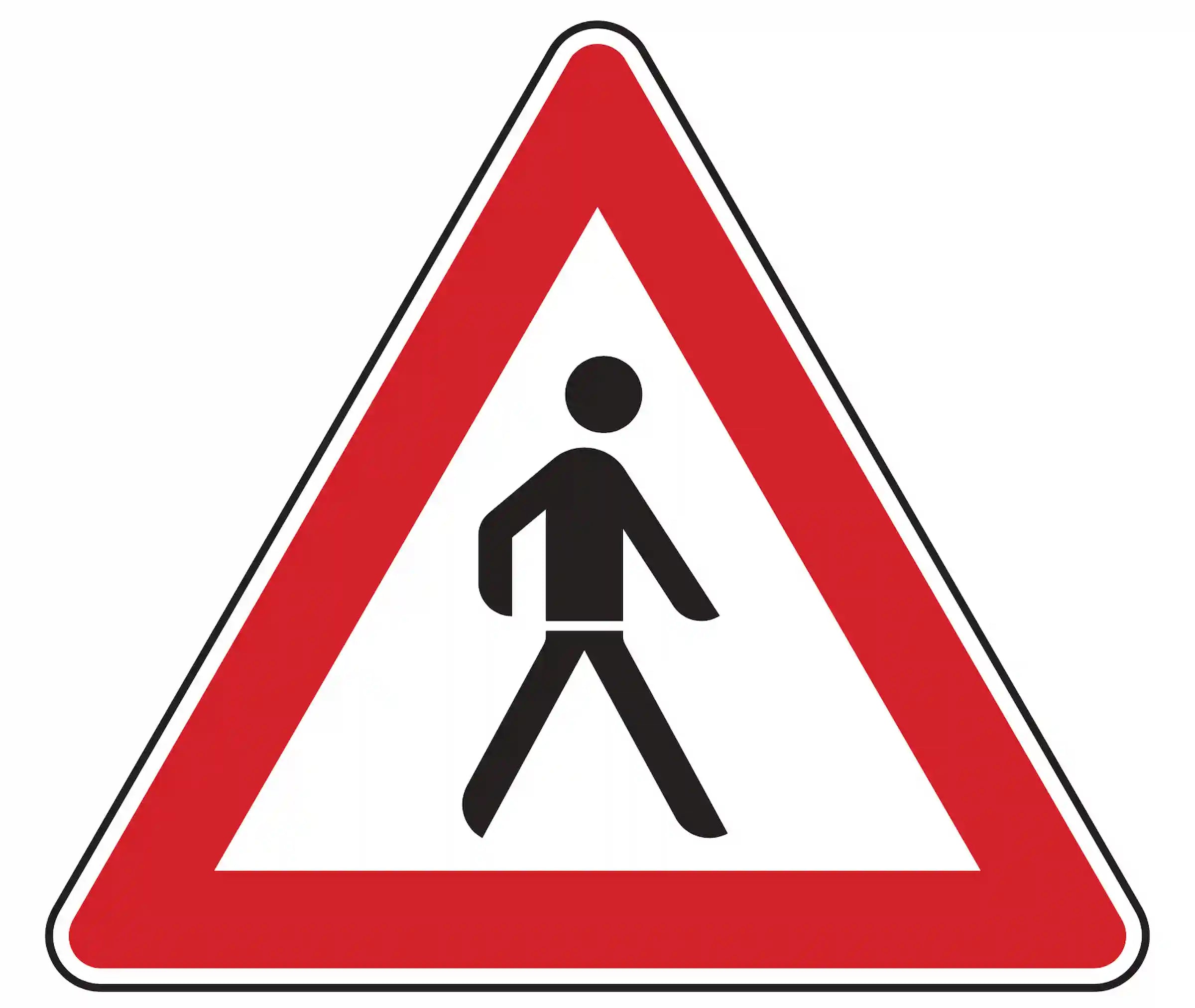 Warnschild 133-20: rotes Dreieck mit Fußgängersymbol; weist linkssseitig auf mögliches plötzliches Überqueren der Fahrbahn durch Fußgänger hin.