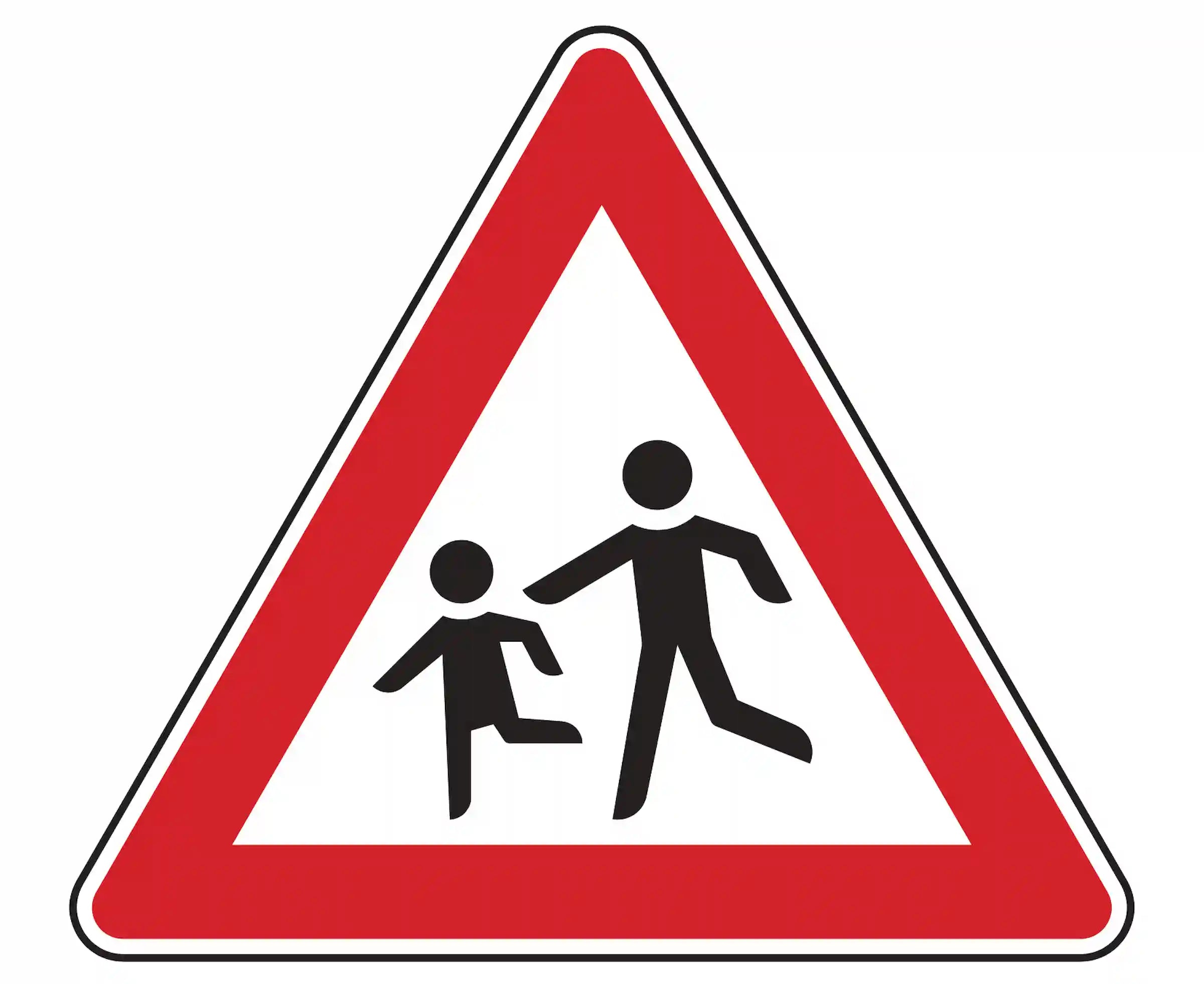 Verkehrszeichen 136-10: Dreieck mit spielenden Kindern – warnt rechts vor plötzlich querenden Kindern.