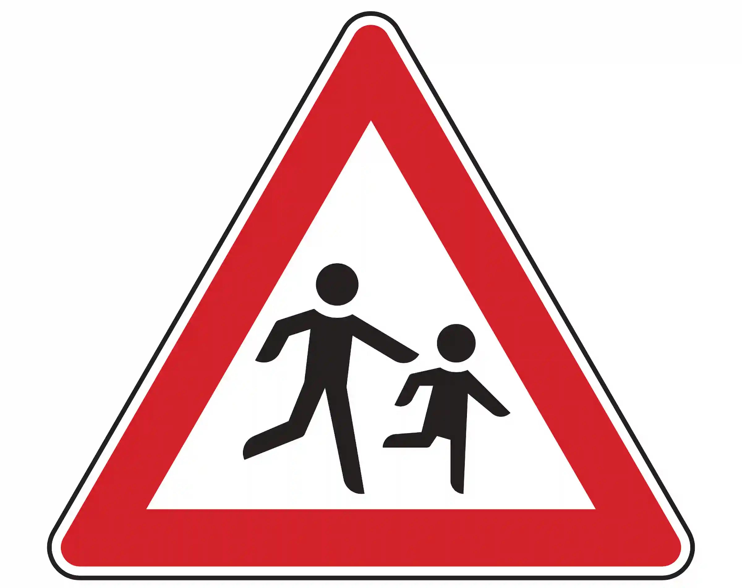 Warnschild 136-20: rotes Dreieck, zwei Kindersilhouetten; steht links und kündigt plötzliches Überqueren der Fahrbahn durch Kinder bei Schulen, Kitas und Spielplätzen an.