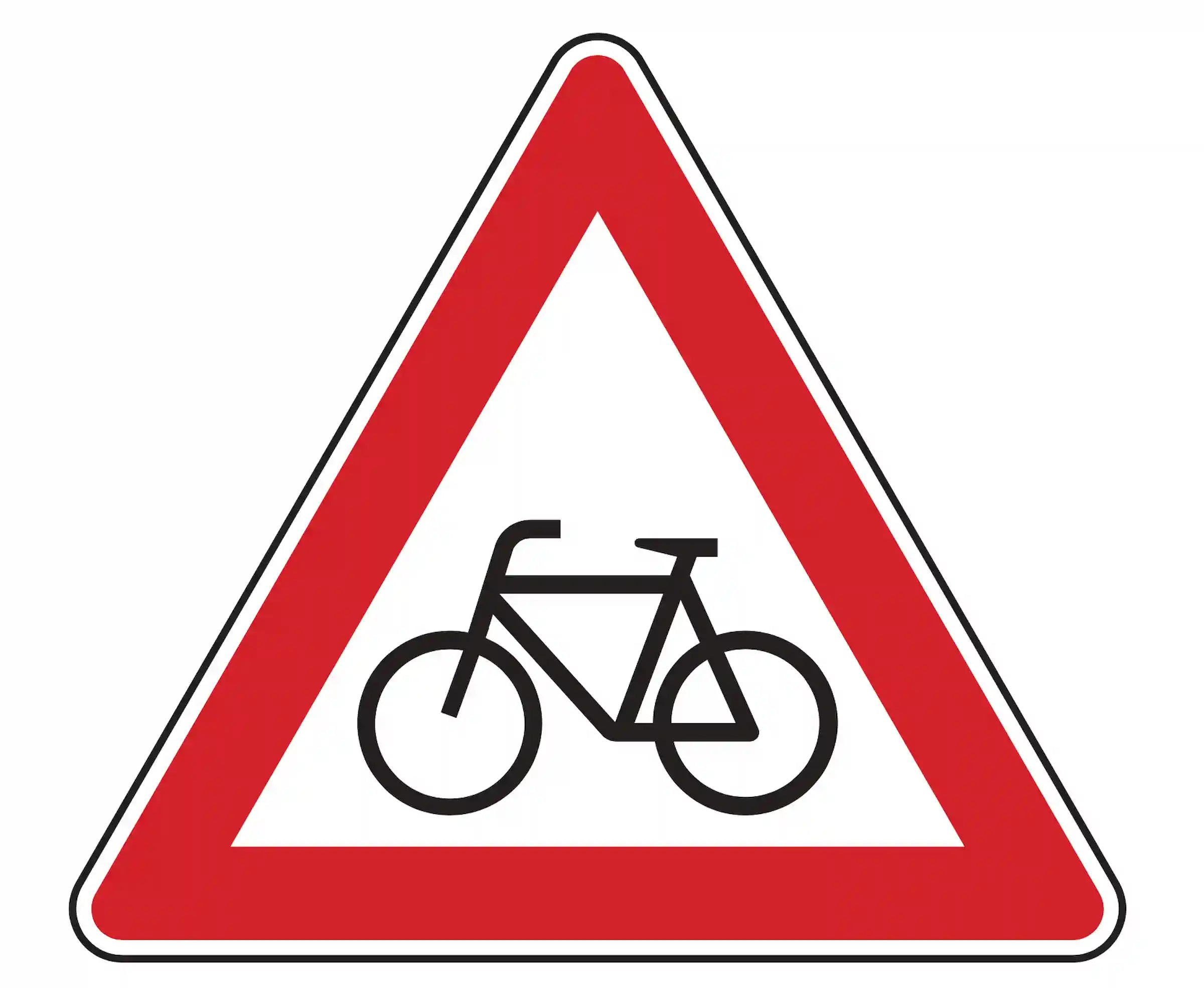 Verkehrszeichen 138-10: Dreieck mit Fahrrad – warnt rechts vor kreuzendem Radverkehr.