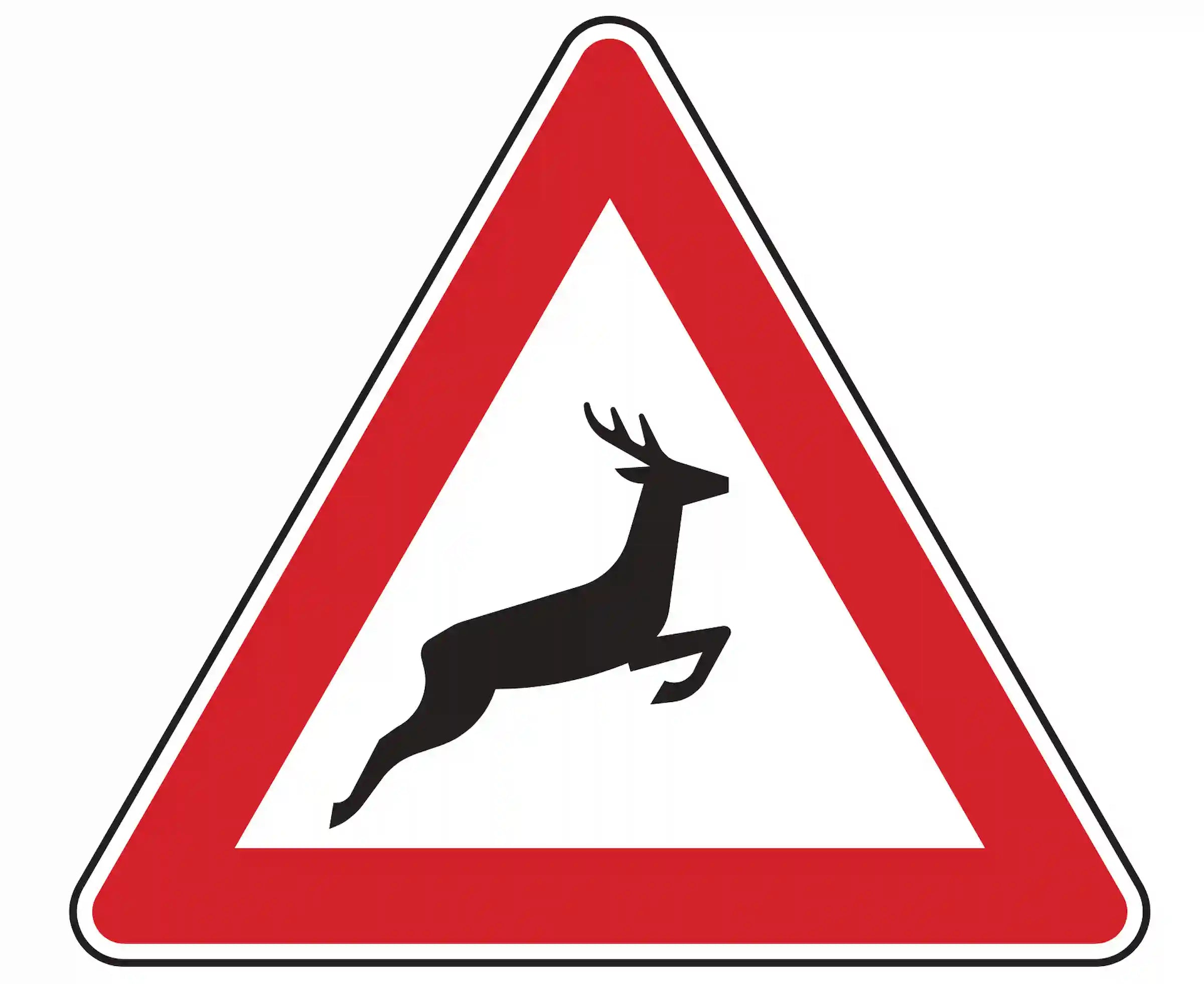 Verkehrszeichen 142-20: Dreieck mit Hirsch – warnt links vor plötzlichem Wildwechsel.