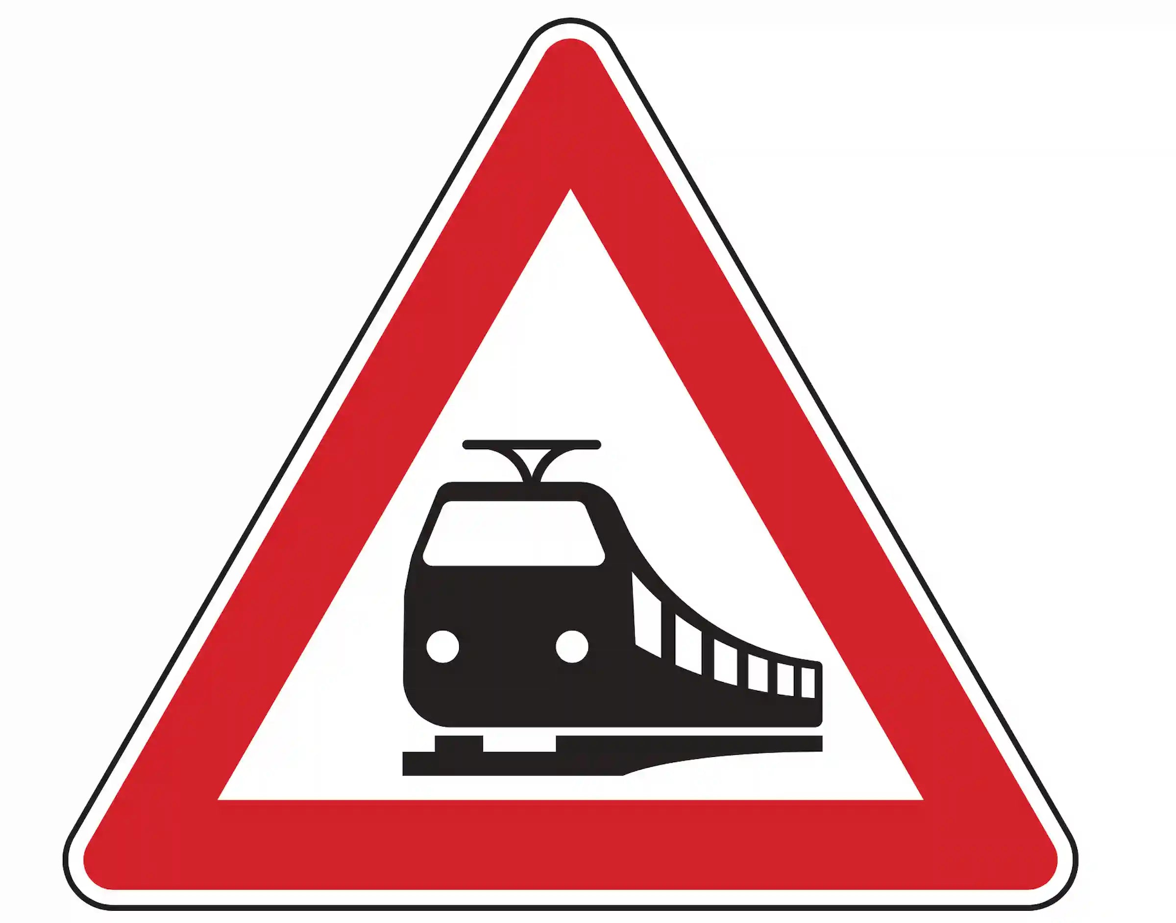 Verkehrszeichen 151: Dreieck mit Lok – warnt vor Bahnübergang, Zügen Vorrang geben.