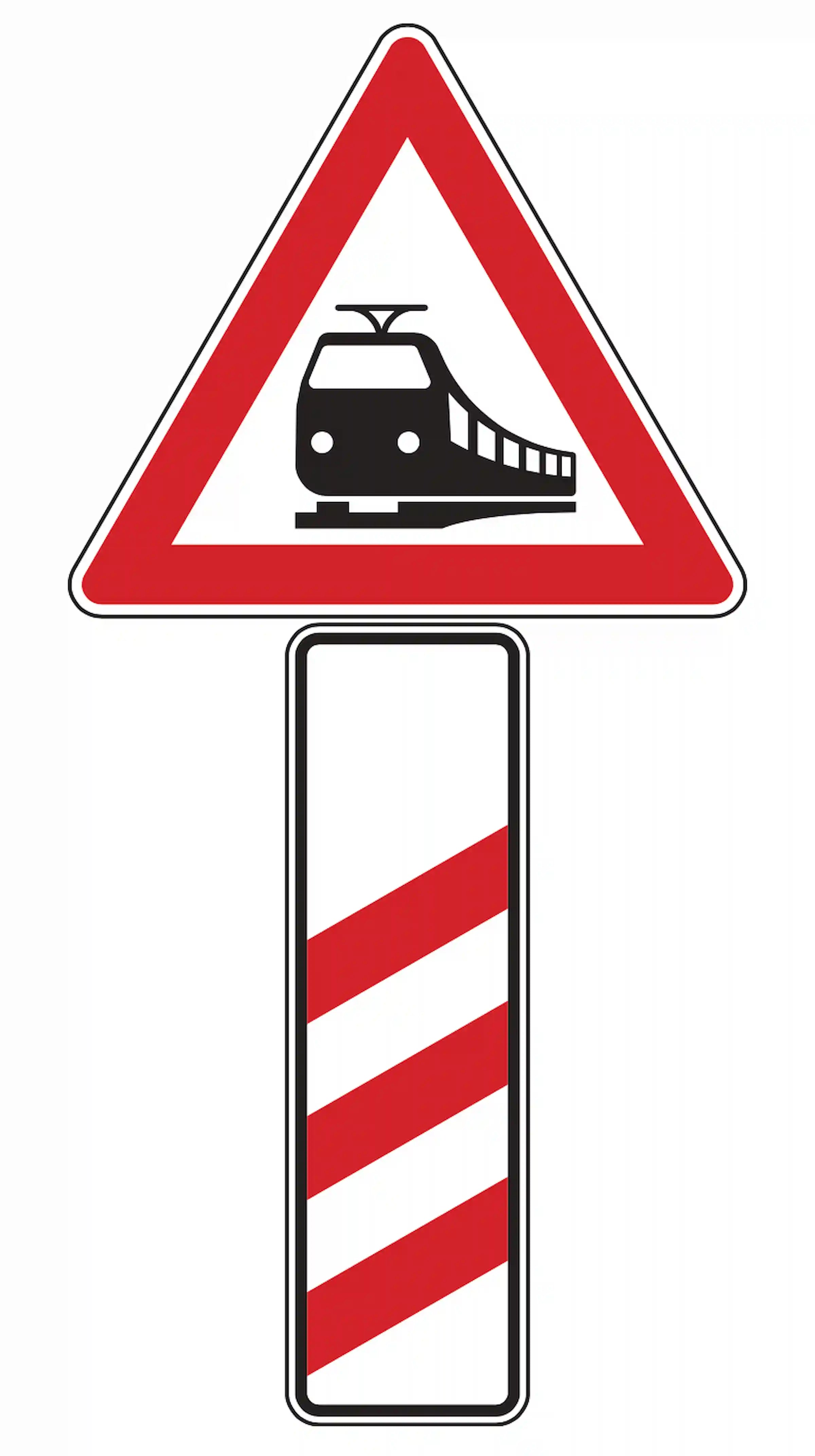 Verkehrszeichen 156-10: rechte Bake mit drei roten Schrägstreifen – Bahnübergang in 240 m.