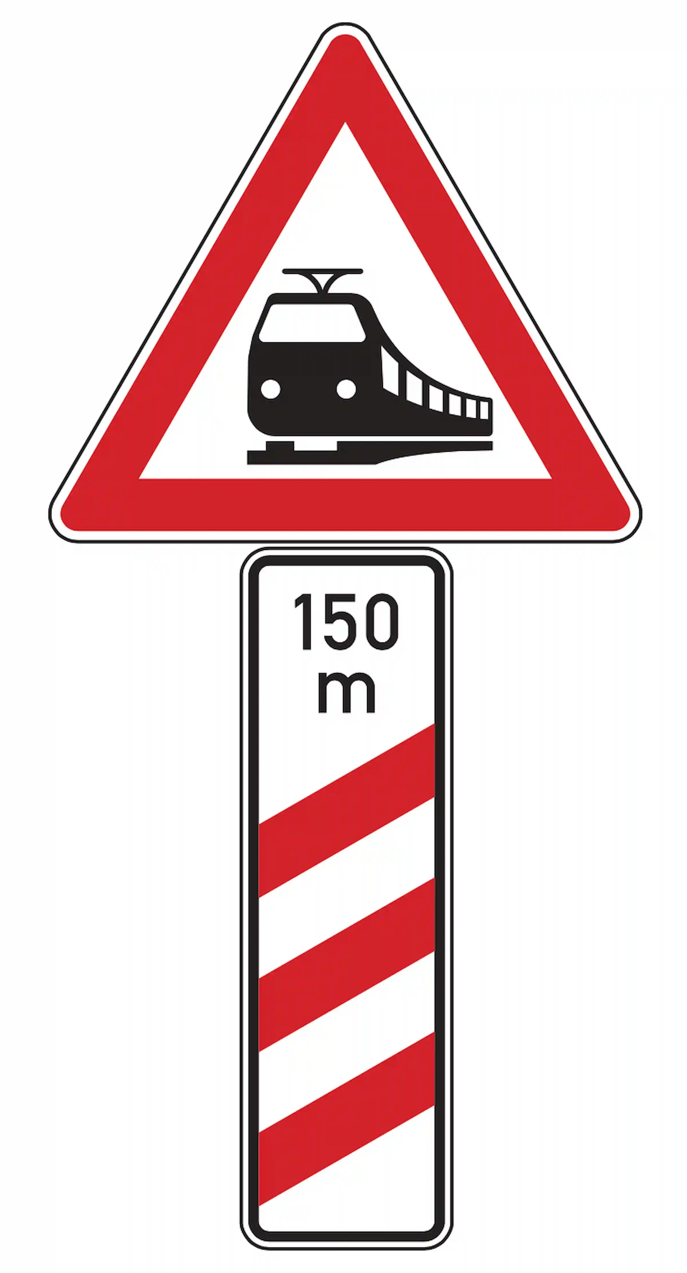 Verkehrszeichen 156-11: rechte Bake mit drei roten Schrägstreifen + „150 m“ – Bahnübergang.