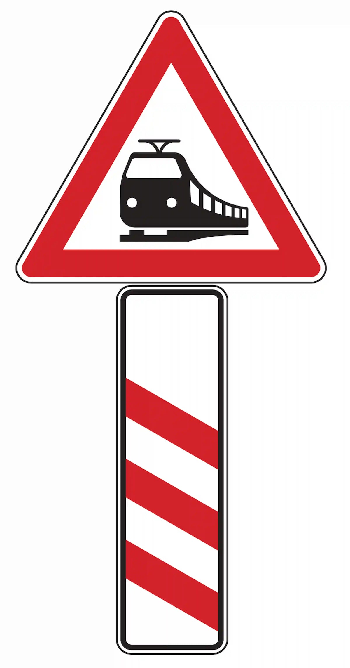 Verkehrszeichen 156-20: linke Bake mit drei roten Schrägstreifen – Bahnübergang in 240 m.
