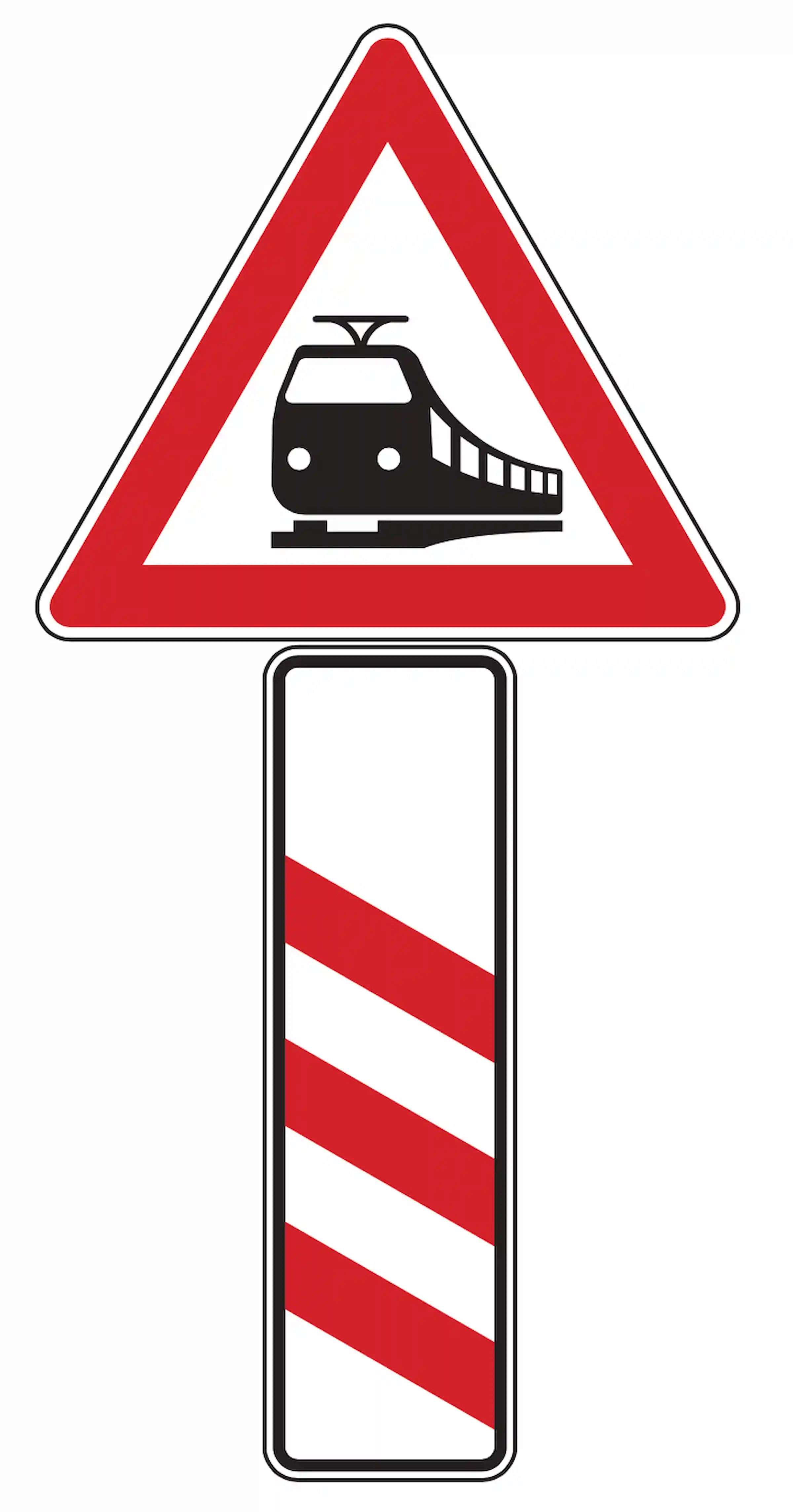 Verkehrszeichen 156-20: linke Bake mit drei roten Schrägstreifen – Bahnübergang in 240 m.