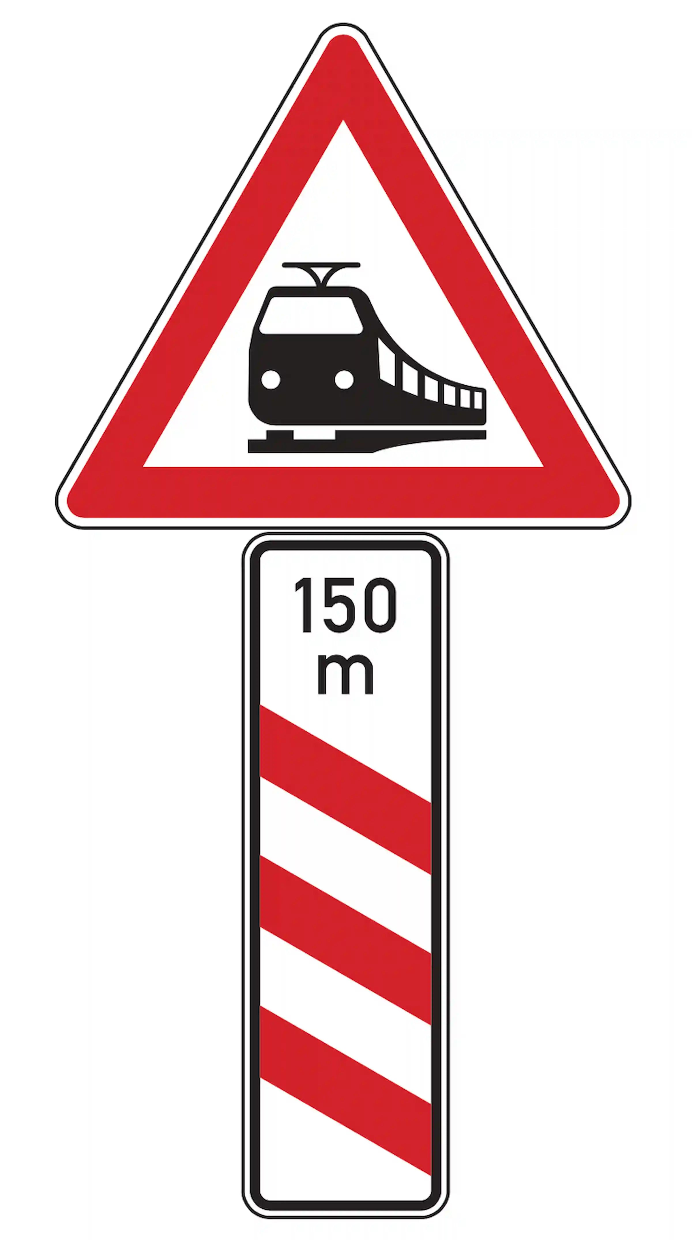 Verkehrszeichen 156-21: linke Bake mit drei roten Schrägstreifen + „150 m“ – Bahnübergang.