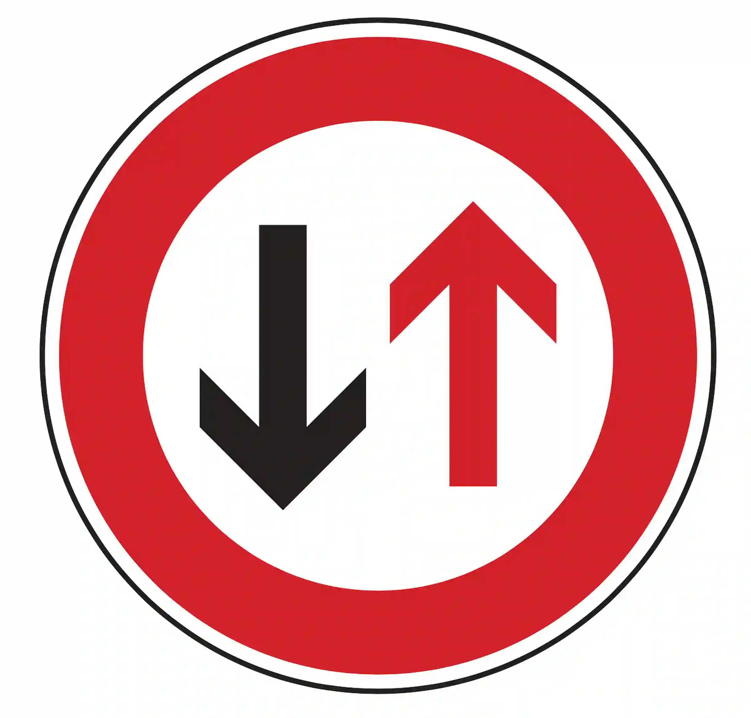 Verkehrszeichen 208: Rundschild mit rotem Aufwärtspfeil & schwarzem Abwärtspfeil – Gegenverkehr hat Vorrang.