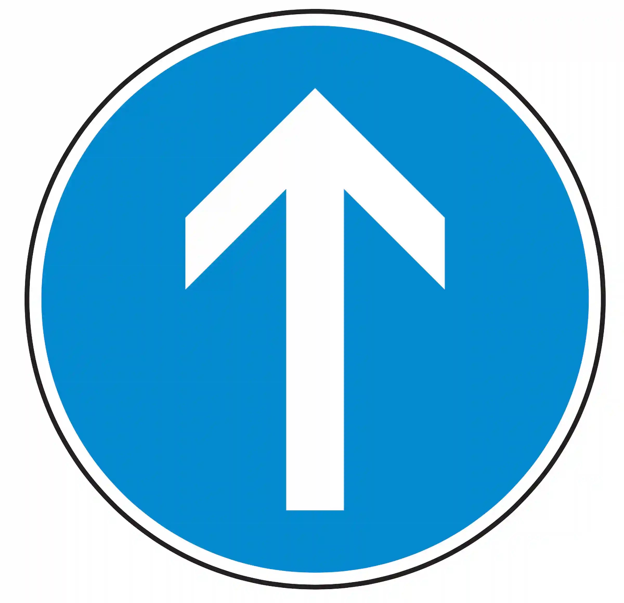 Rundschild 209-30: blauer Hintergrund, weißer Pfeil nach oben; verpflichtet an Kreuzung oder Einmündung ausschließlich zur Geradeausfahrt.