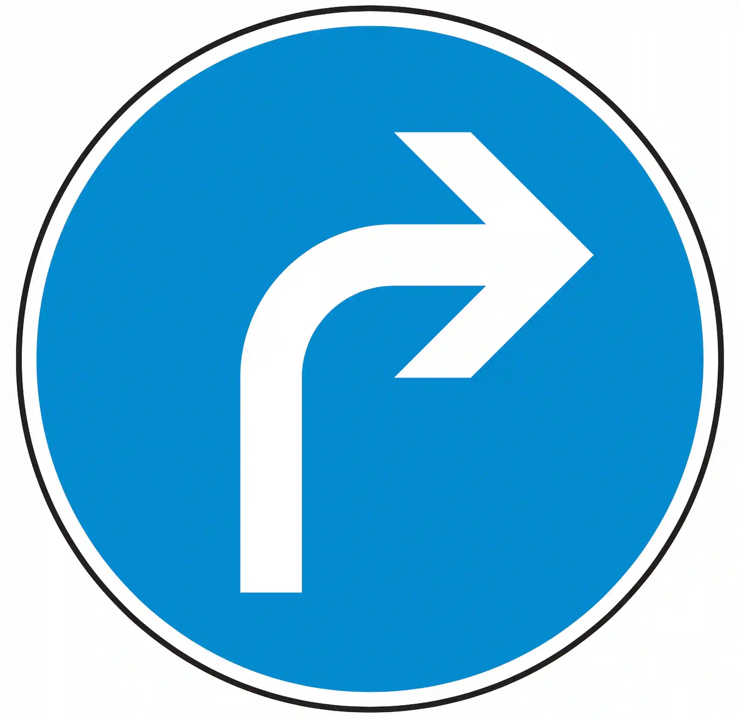 Verkehrszeichen 209: blaues Rundschild mit weißem Pfeil nach rechts – Fahrtrichtung rechts vorgeschrieben.