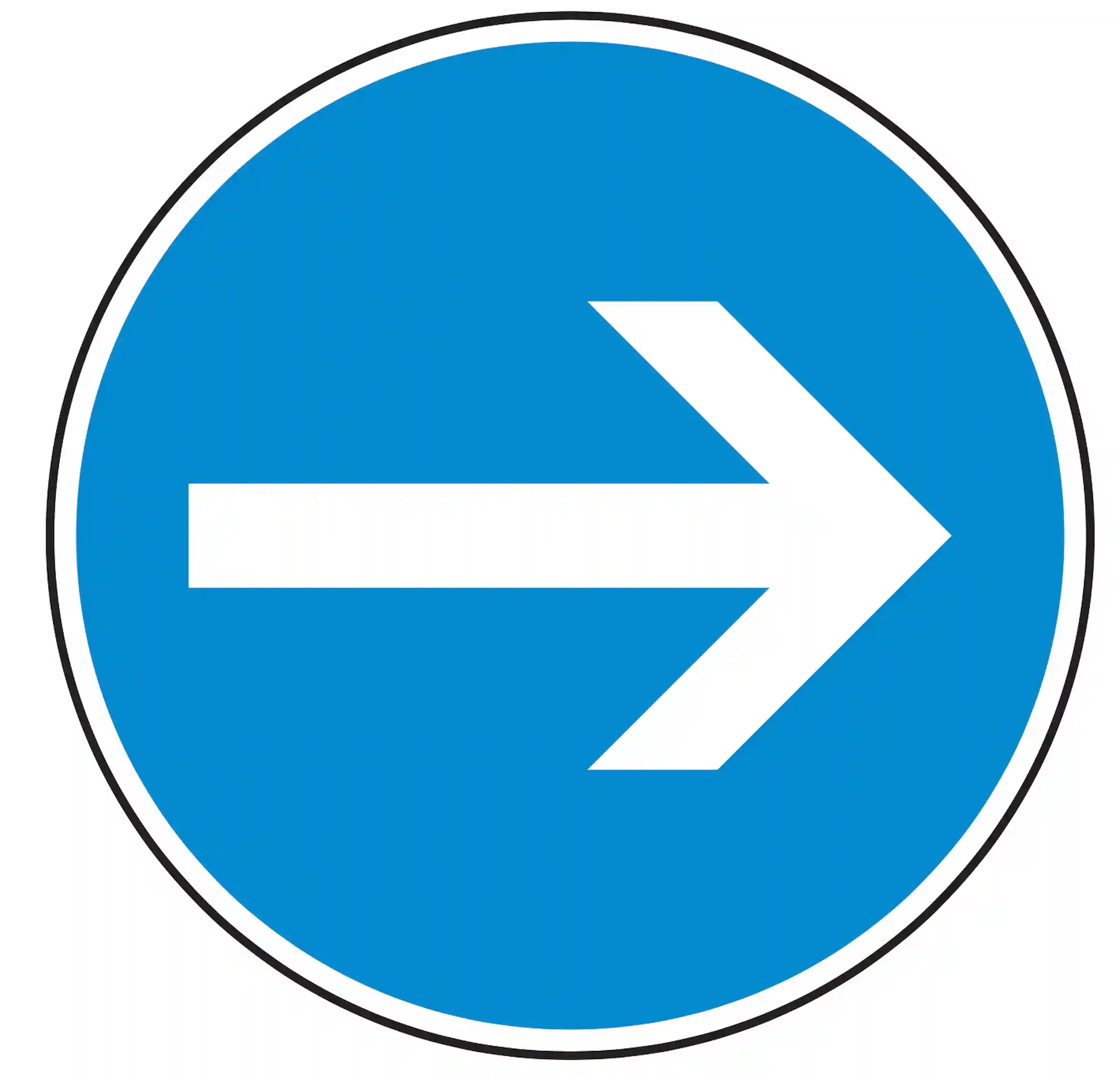 Verkehrszeichen 211: blaues Rundschild mit weißem Pfeil nach rechts – hier sofort rechts abbiegen.